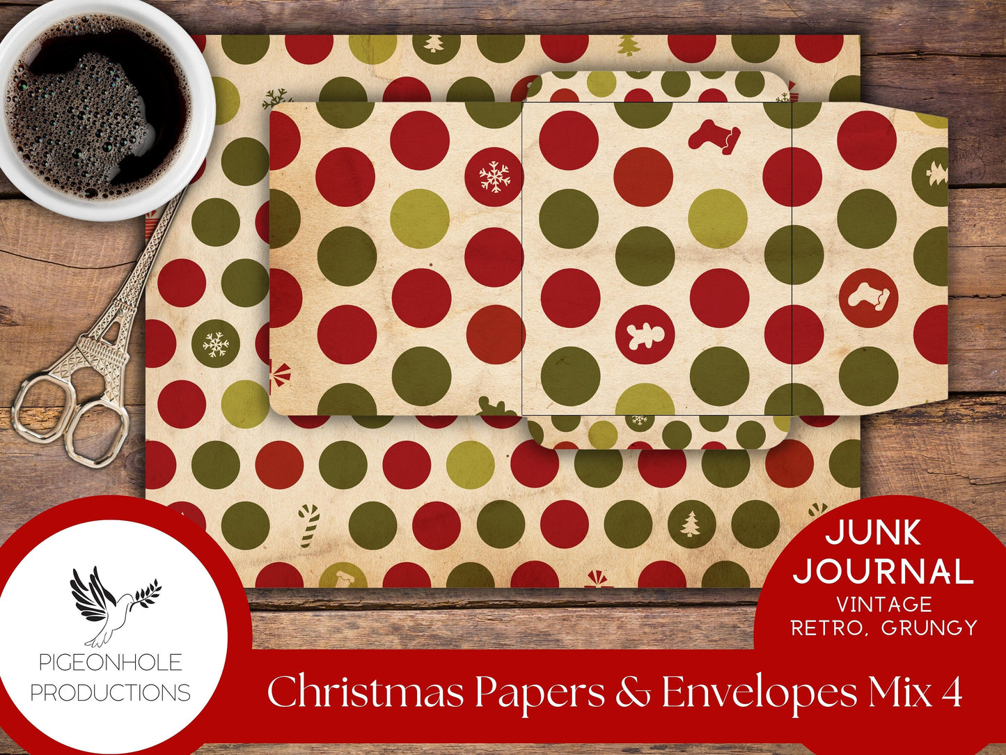 Retro Christmas Junk Journal Paper & Envelopes MIX 4—PRINTABLE—6 sheets with coordinating envelopes—for journal making and paper crafting