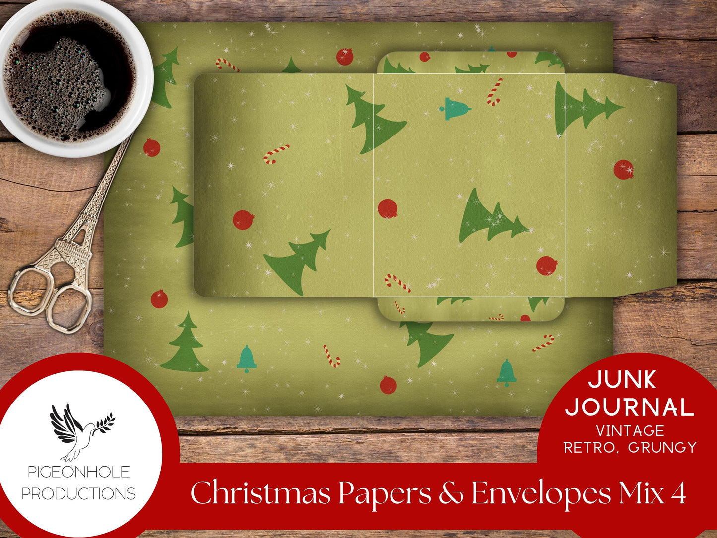 Retro Christmas Junk Journal Paper & Envelopes MIX 4—PRINTABLE—6 sheets with coordinating envelopes—for journal making and paper crafting