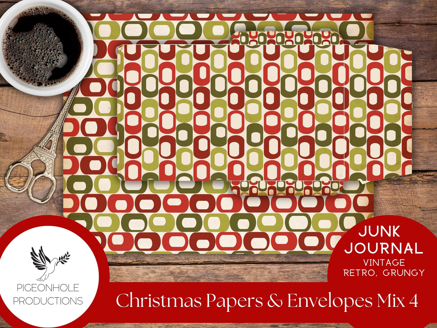 Retro Christmas Junk Journal Paper & Envelopes MIX 4—PRINTABLE—6 sheets with coordinating envelopes—for journal making and paper crafting