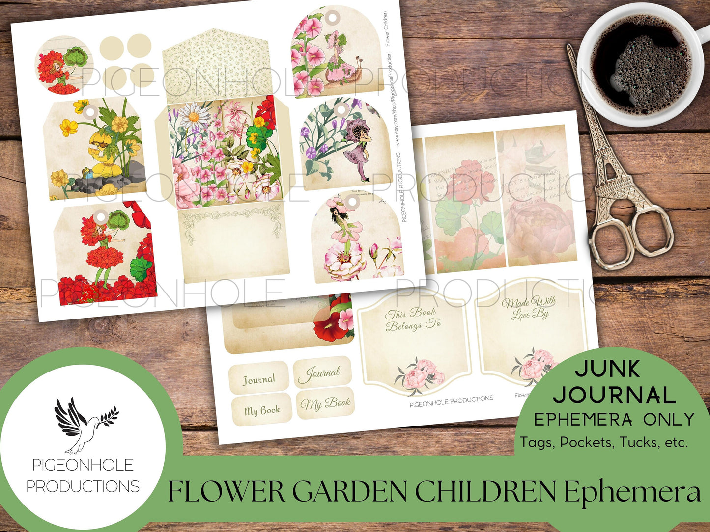 Flower Garden Children Junk Journal EPHEMERA—PRINTABLE—70+ tags, tucks, pockets, envelopes, fussy cuts/stickers, tickets, labels, bookplates