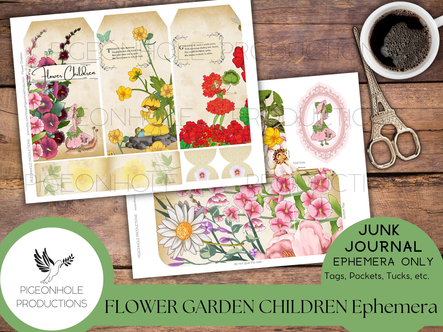 Flower Garden Children Junk Journal EPHEMERA—PRINTABLE—70+ tags, tucks, pockets, envelopes, fussy cuts/stickers, tickets, labels, bookplates