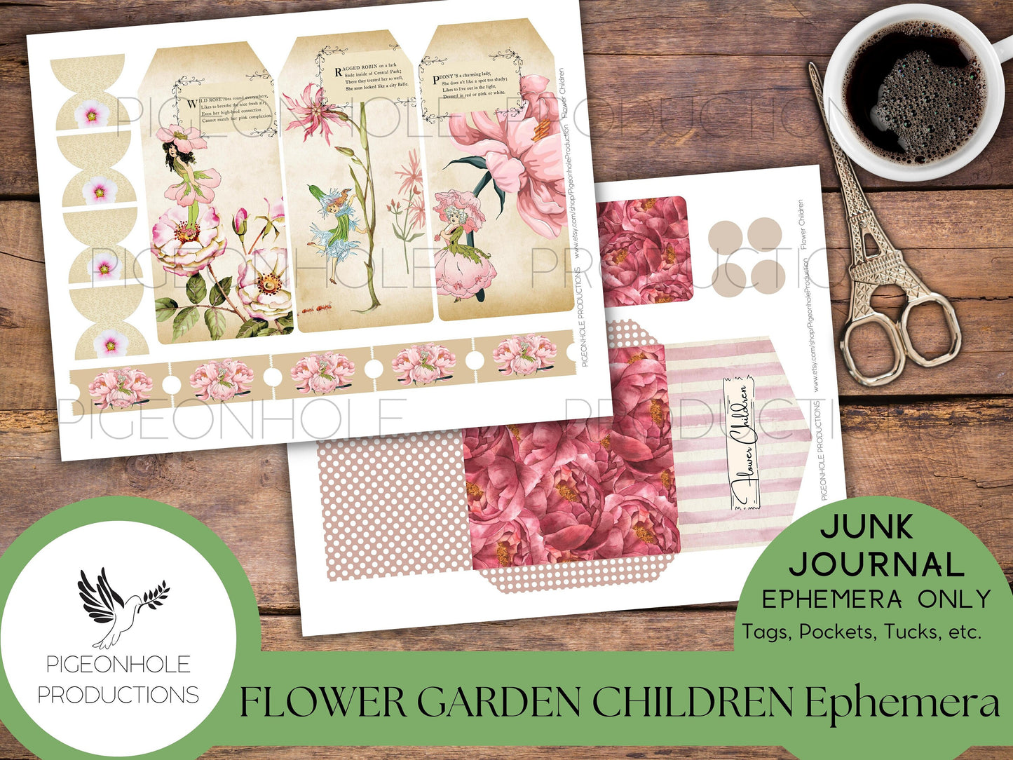 Flower Garden Children Junk Journal EPHEMERA—PRINTABLE—70+ tags, tucks, pockets, envelopes, fussy cuts/stickers, tickets, labels, bookplates