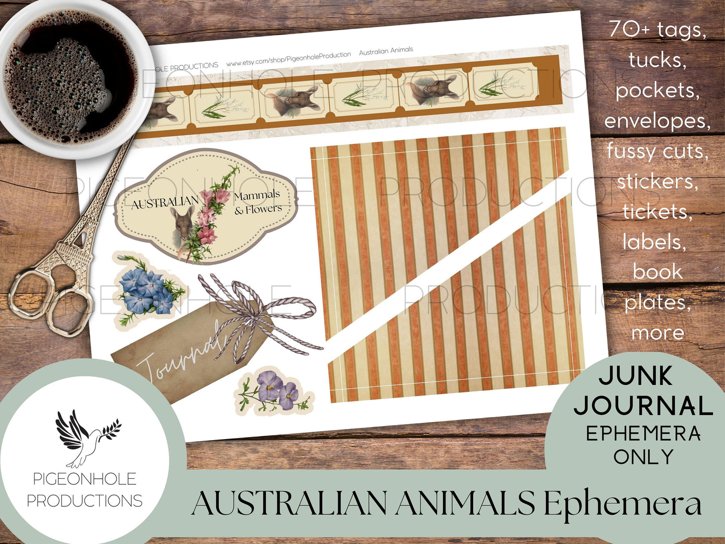 Australian Animals Junk Journal EPHEMERA, PRINTABLE, 70+ tags, tucks, pockets, envelopes, fussy cuts, stickers, tickets, labels, bookplates