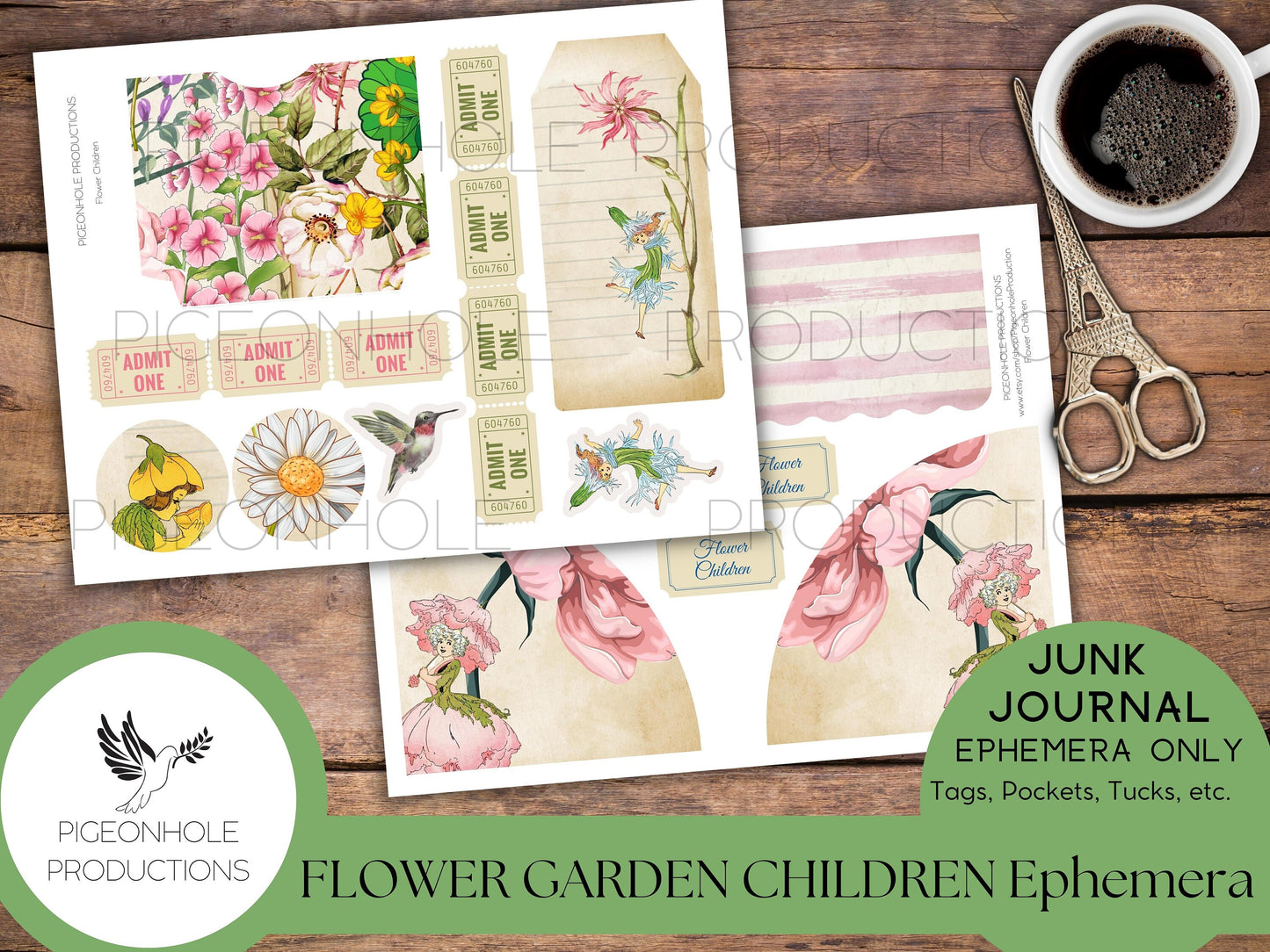 Flower Garden Children Junk Journal EPHEMERA—PRINTABLE—70+ tags, tucks, pockets, envelopes, fussy cuts/stickers, tickets, labels, bookplates