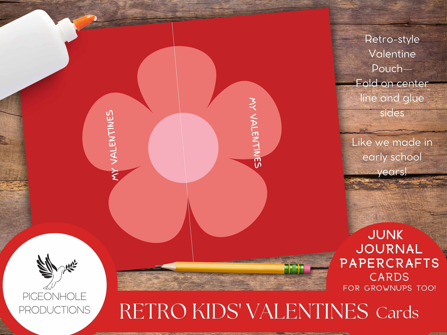 Retro Valentine Cards—PRINTABLE—24 cards—junk journals, papercrafts, card making—for kids & grownups—retro Valentine card pouch included