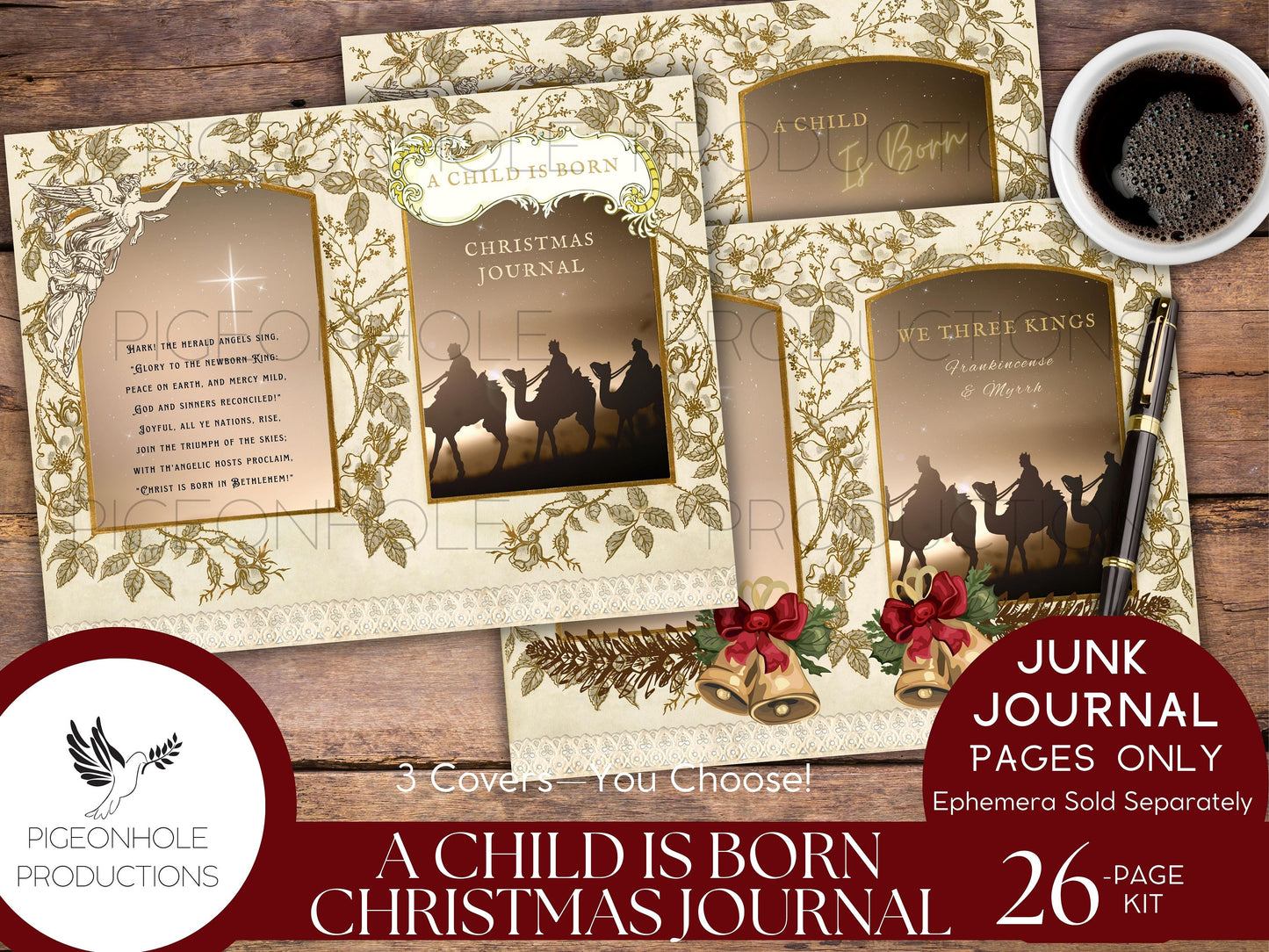 A Child Is Born Christmas Junk Journal Pages, PRINTABLE, 26 sheets, Nativity story of Jesus' birth, Mary & Joseph, Star of Bethlehem, Magi