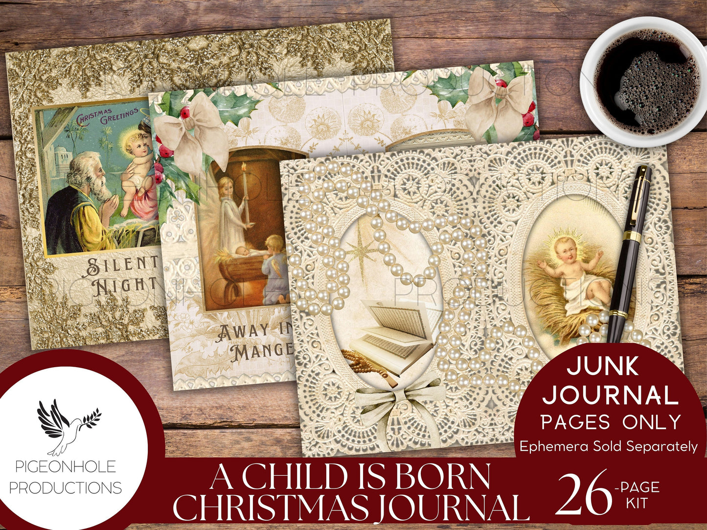 A Child Is Born Christmas Junk Journal Pages, PRINTABLE, 26 sheets, Nativity story of Jesus' birth, Mary & Joseph, Star of Bethlehem, Magi