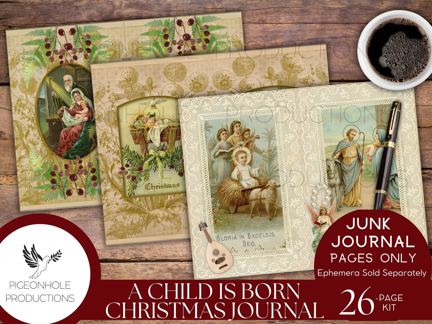 A Child Is Born Christmas Junk Journal Pages, PRINTABLE, 26 sheets, Nativity story of Jesus' birth, Mary & Joseph, Star of Bethlehem, Magi