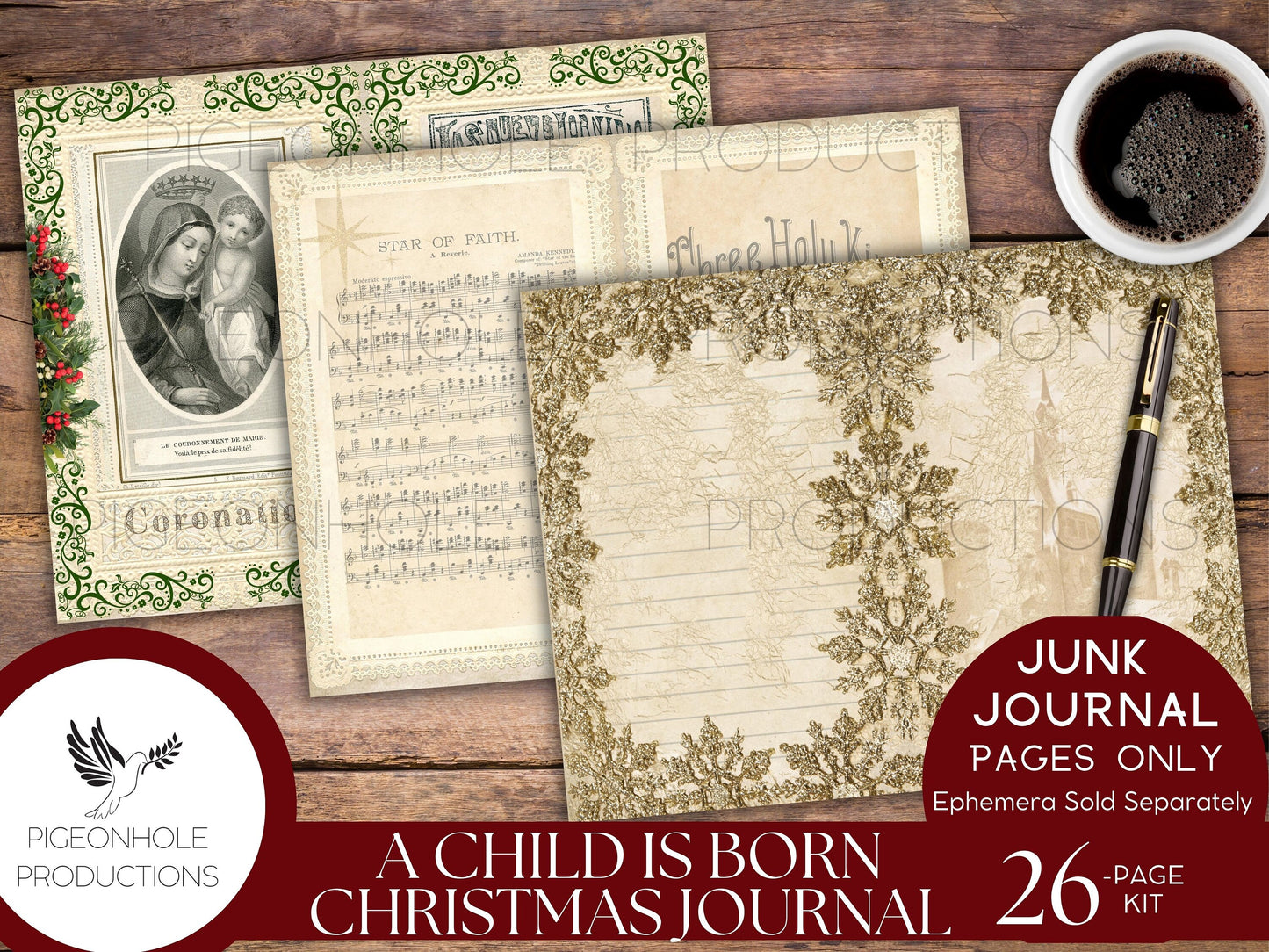 A Child Is Born Christmas Junk Journal Pages, PRINTABLE, 26 sheets, Nativity story of Jesus' birth, Mary & Joseph, Star of Bethlehem, Magi