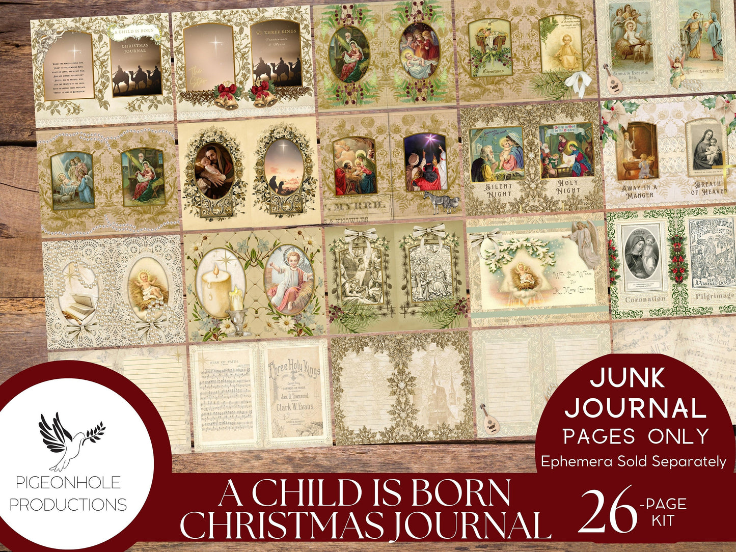 A Child Is Born Christmas Junk Journal Pages, PRINTABLE, 26 sheets, Nativity story of Jesus' birth, Mary & Joseph, Star of Bethlehem, Magi