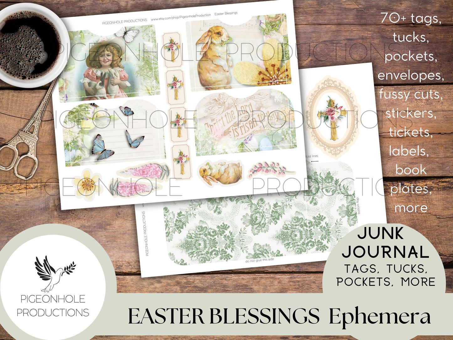 Easter Blessings Junk Journal PRINTABLE—70+ tags, tucks, pockets, envelopes, fussy cuts, stickers, tickets, labels, bookplates—beautiful!!