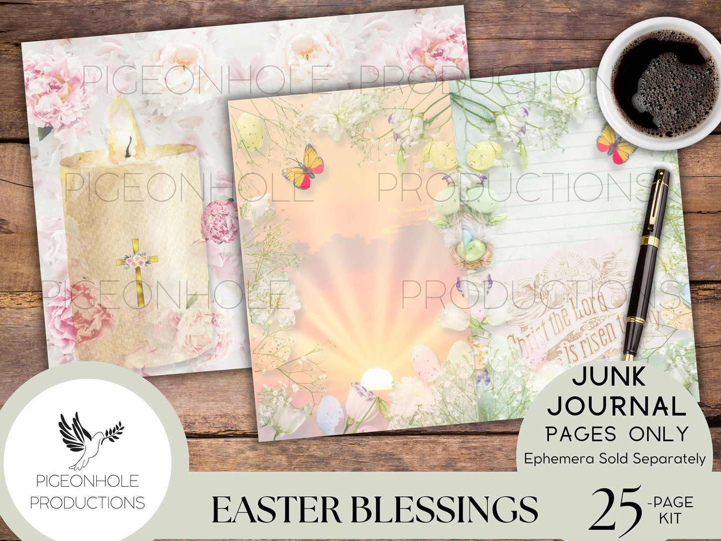 Easter Blessings Junk Journal Kit Pages—PRINTABLE—20 sheets—Beautiful vintage images of Easter, Christ is risen, florals, bunnies in pastels
