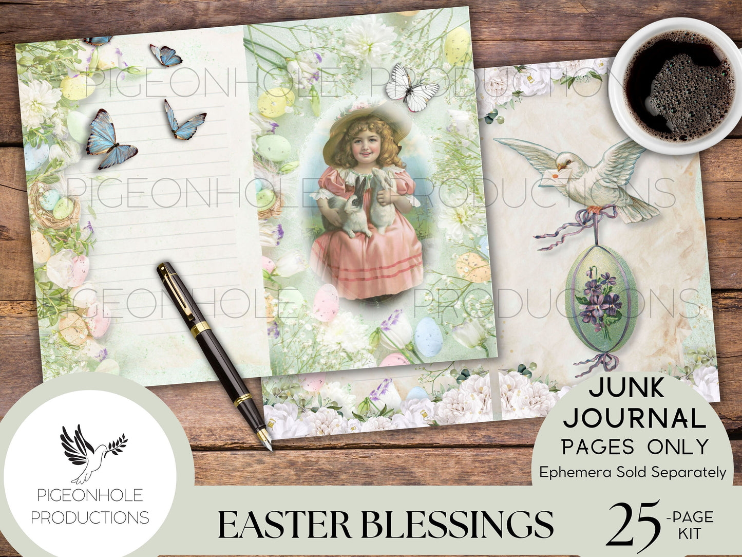 Easter Blessings Junk Journal Kit Pages—PRINTABLE—20 sheets—Beautiful vintage images of Easter, Christ is risen, florals, bunnies in pastels