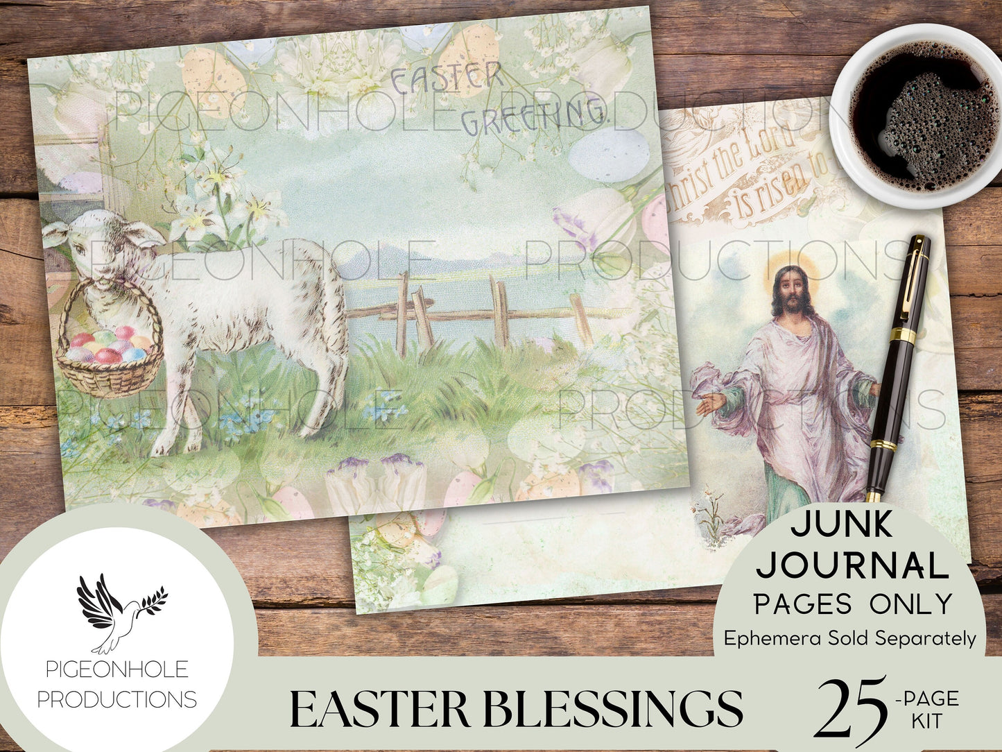 Easter Blessings Junk Journal Kit Pages—PRINTABLE—20 sheets—Beautiful vintage images of Easter, Christ is risen, florals, bunnies in pastels