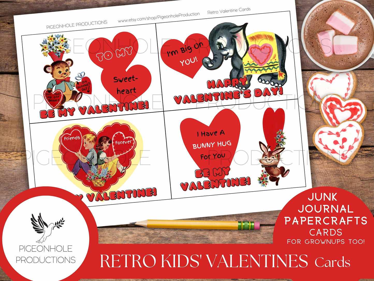 Retro Valentine Cards—PRINTABLE—24 cards—junk journals, papercrafts, card making—for kids & grownups—retro Valentine card pouch included