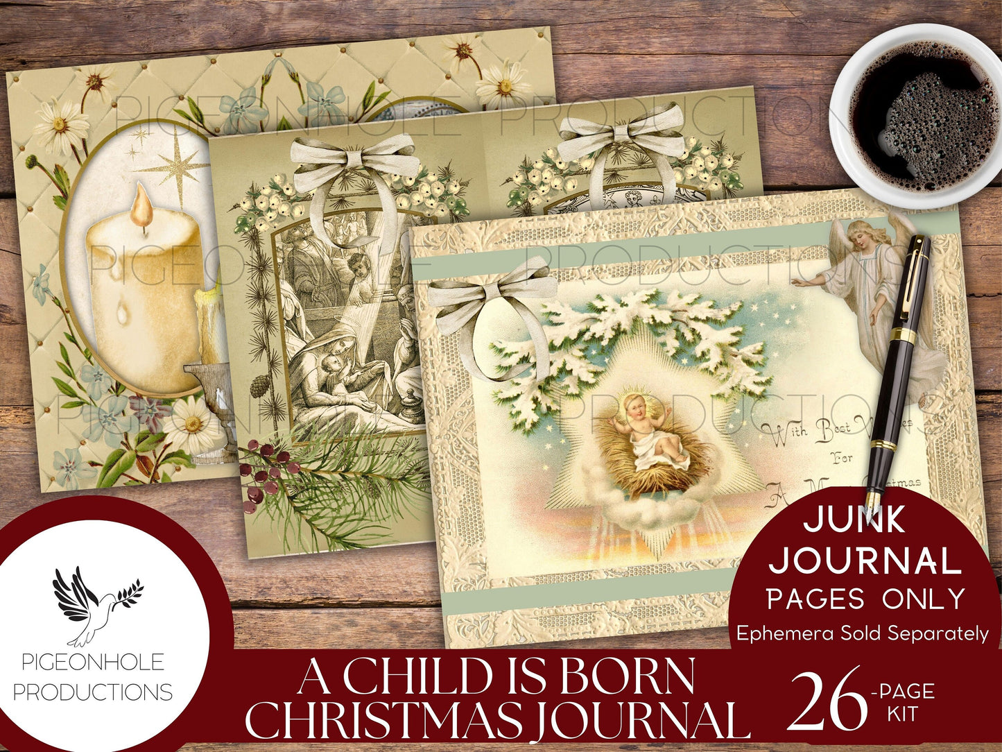 A Child Is Born Christmas Junk Journal Pages, PRINTABLE, 26 sheets, Nativity story of Jesus' birth, Mary & Joseph, Star of Bethlehem, Magi