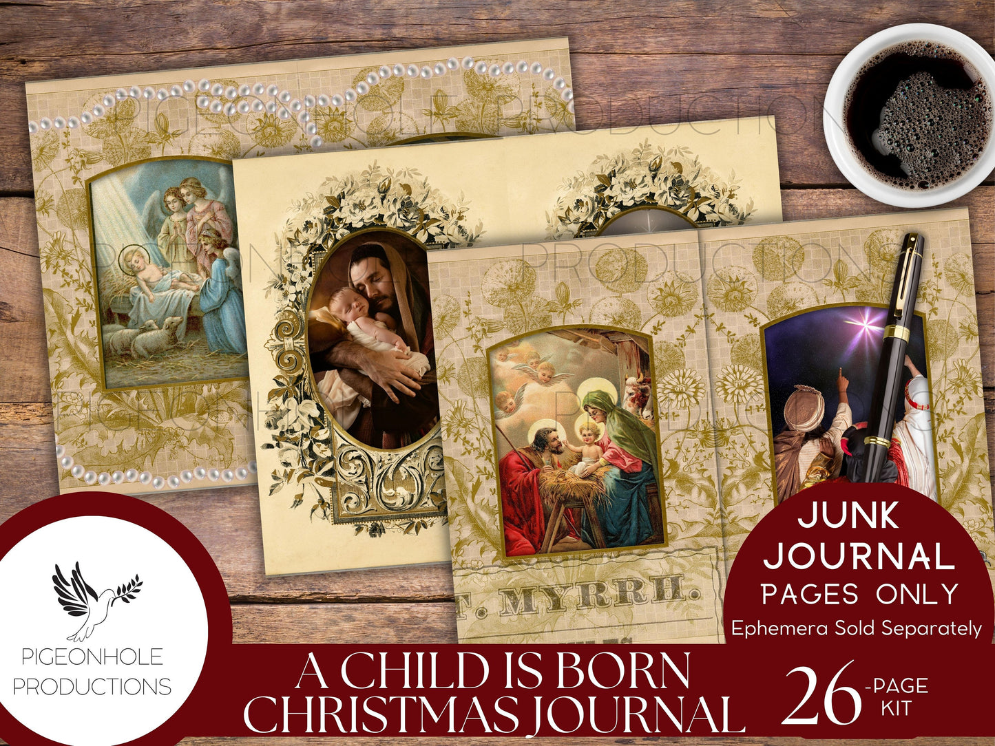A Child Is Born Christmas Junk Journal Pages, PRINTABLE, 26 sheets, Nativity story of Jesus' birth, Mary & Joseph, Star of Bethlehem, Magi