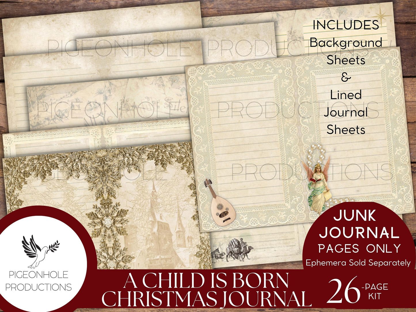 A Child Is Born Christmas Junk Journal Pages, PRINTABLE, 26 sheets, Nativity story of Jesus' birth, Mary & Joseph, Star of Bethlehem, Magi