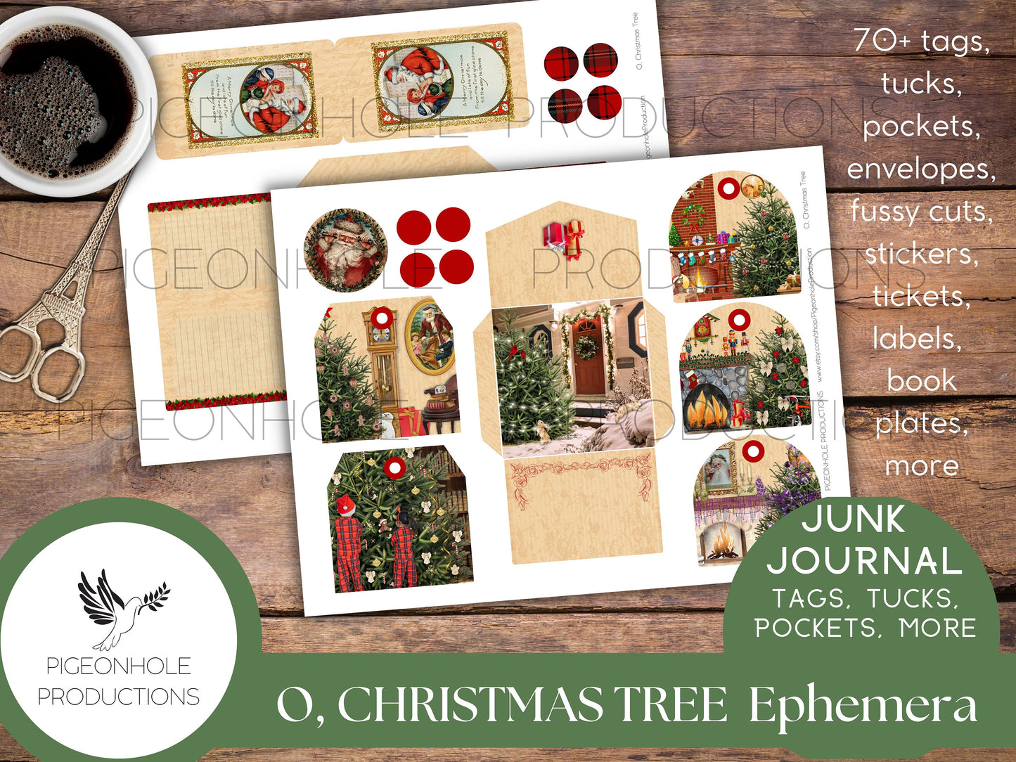 O, Christmas Tree Junk Journal PRINTABLE—70+ tags, tucks, pockets, envelopes, fussy cuts, stickers, tickets, labels, bookplates