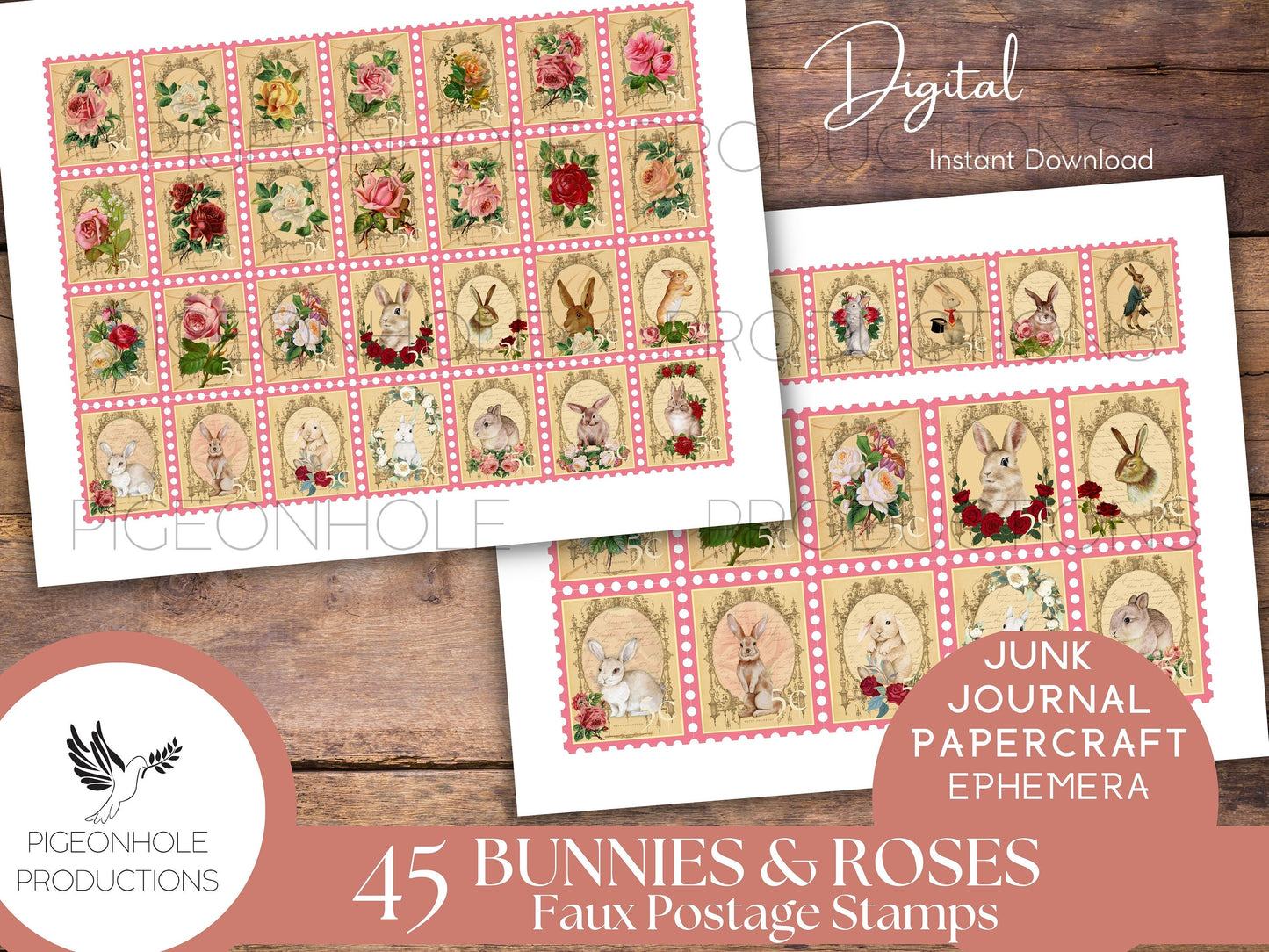 Bunnies & Roses Faux Postage Stamps—PRINTABLE—Use in junk journals, planners, scrapbooking, collage, or print on sticker paper for stickers