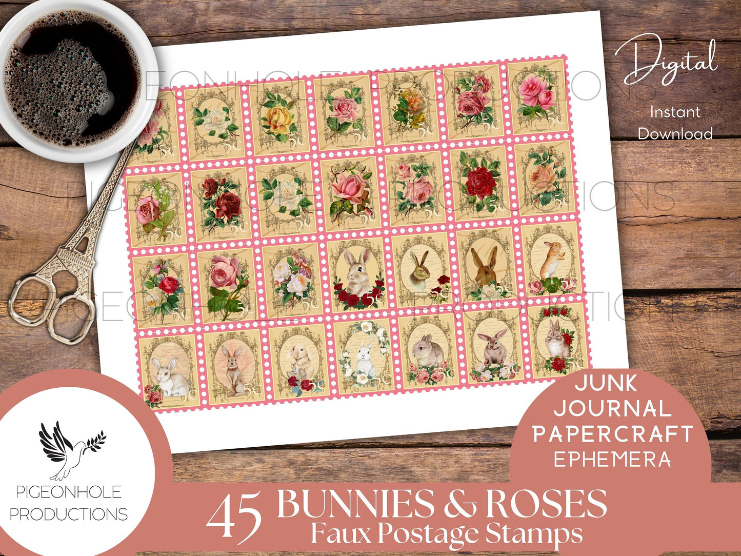 Bunnies & Roses Faux Postage Stamps—PRINTABLE—Use in junk journals, planners, scrapbooking, collage, or print on sticker paper for stickers