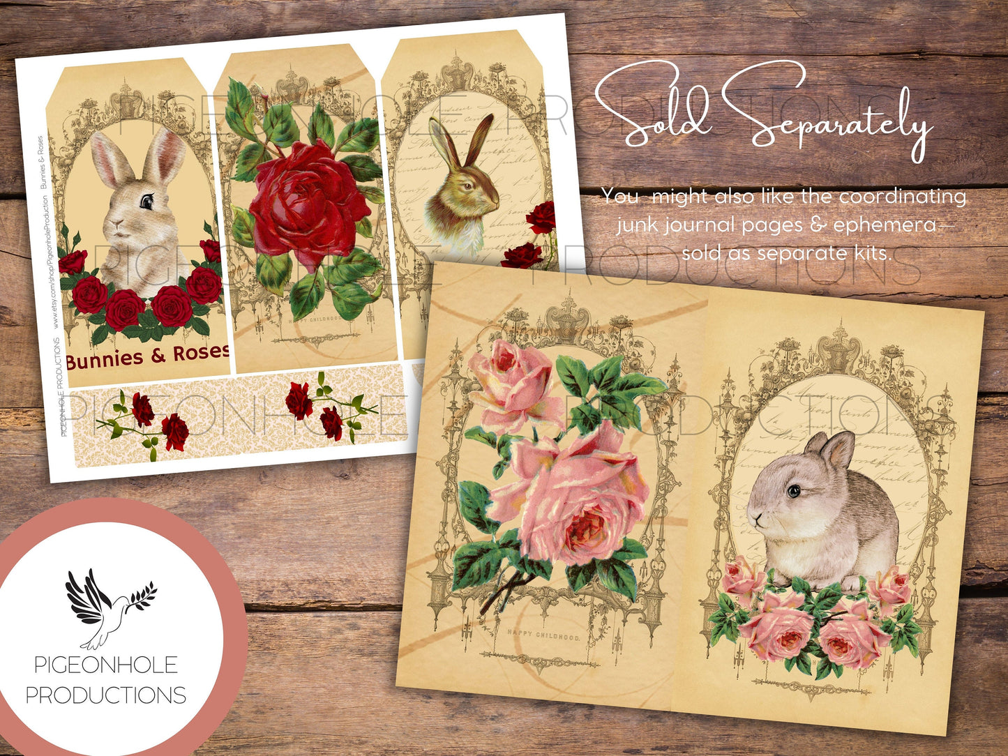 Bunnies & Roses Faux Postage Stamps—PRINTABLE—Use in junk journals, planners, scrapbooking, collage, or print on sticker paper for stickers