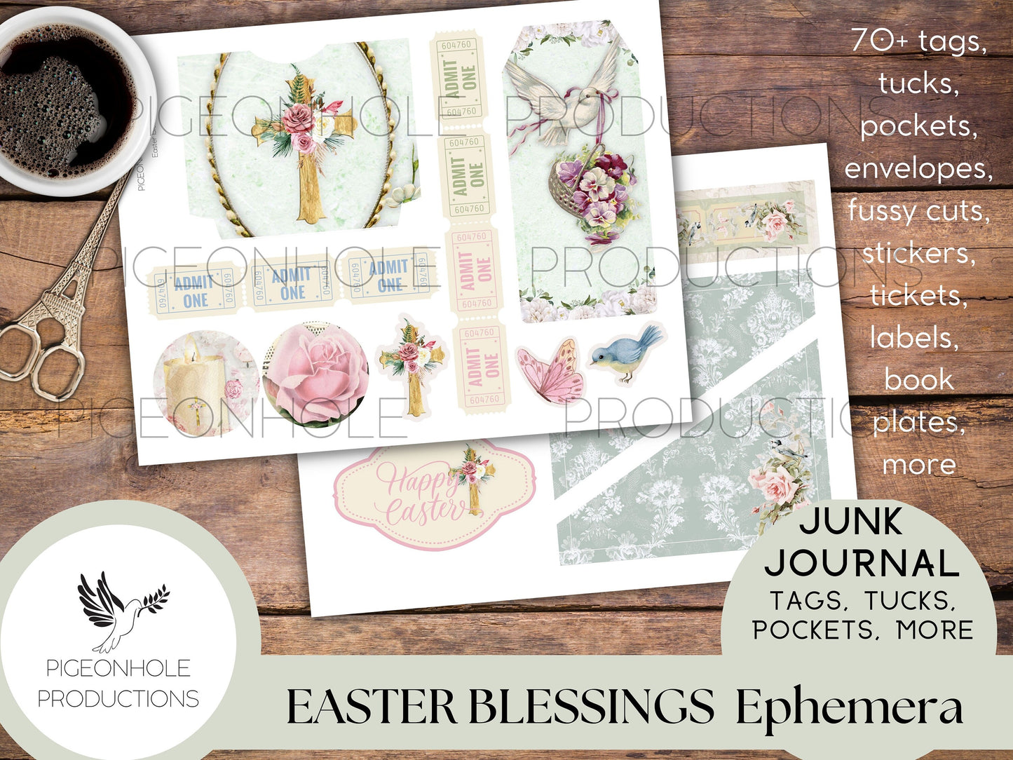Easter Blessings Junk Journal PRINTABLE—70+ tags, tucks, pockets, envelopes, fussy cuts, stickers, tickets, labels, bookplates—beautiful!!