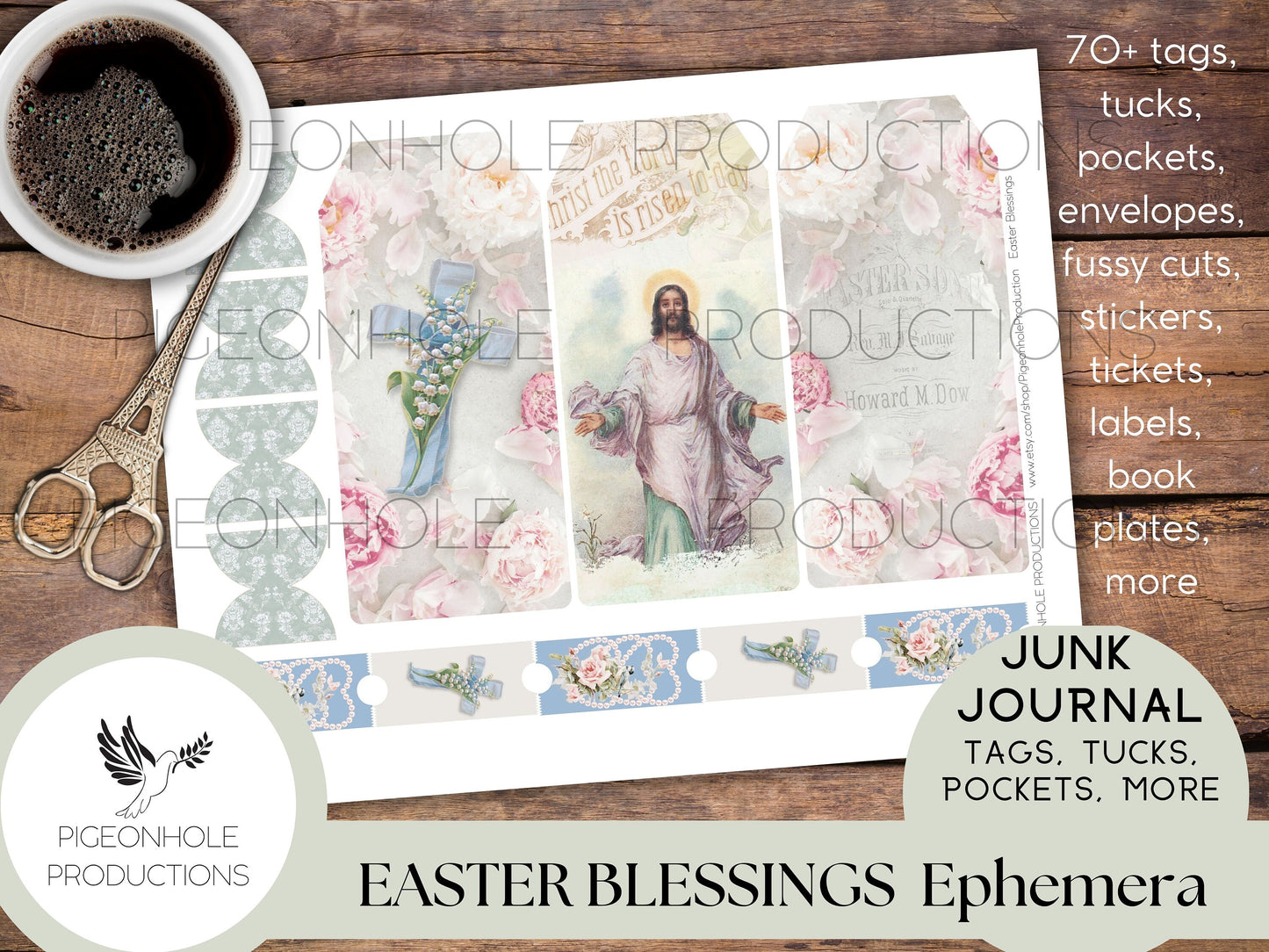 Easter Blessings Junk Journal PRINTABLE—70+ tags, tucks, pockets, envelopes, fussy cuts, stickers, tickets, labels, bookplates—beautiful!!