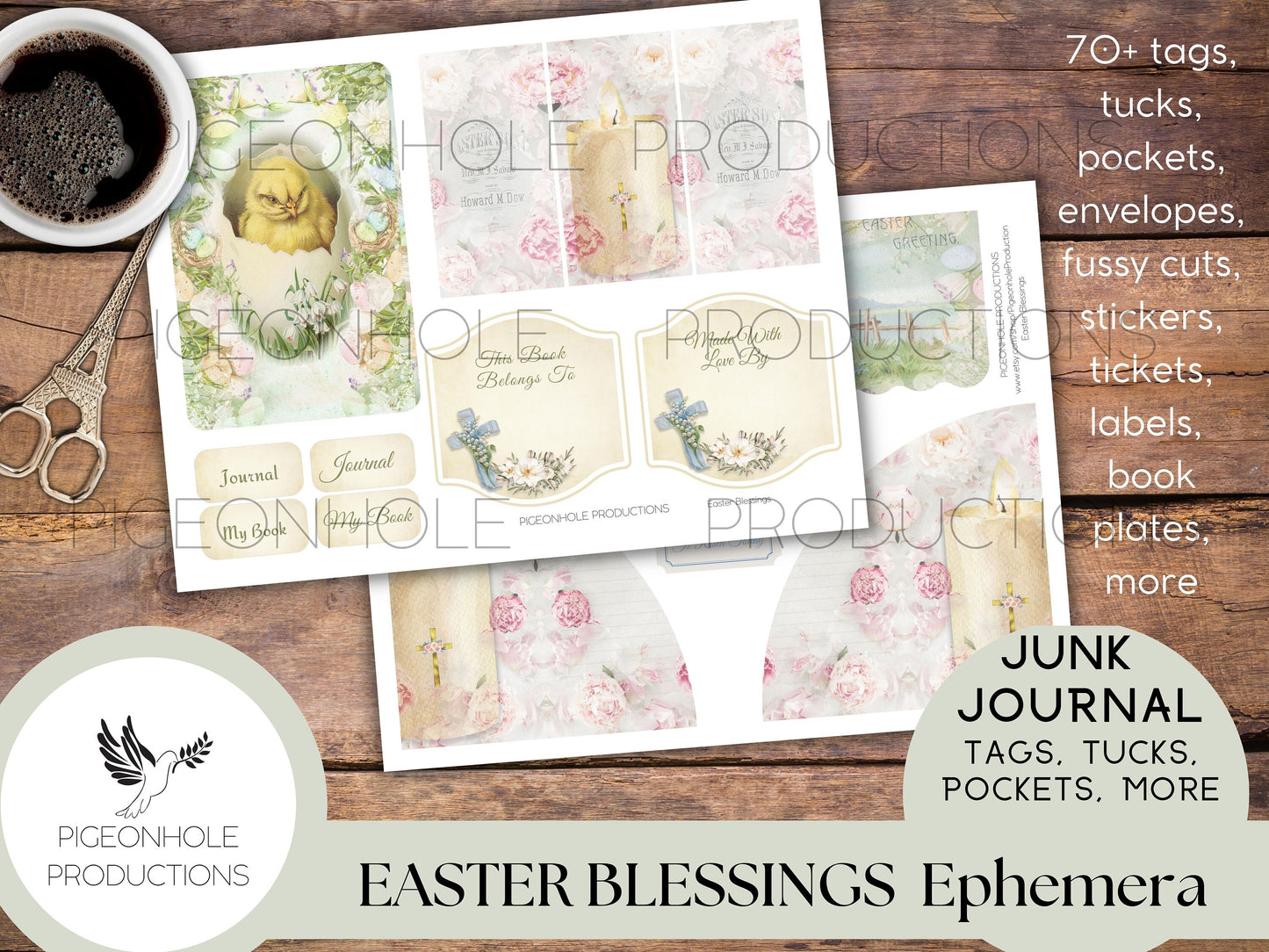 Easter Blessings Junk Journal PRINTABLE—70+ tags, tucks, pockets, envelopes, fussy cuts, stickers, tickets, labels, bookplates—beautiful!!