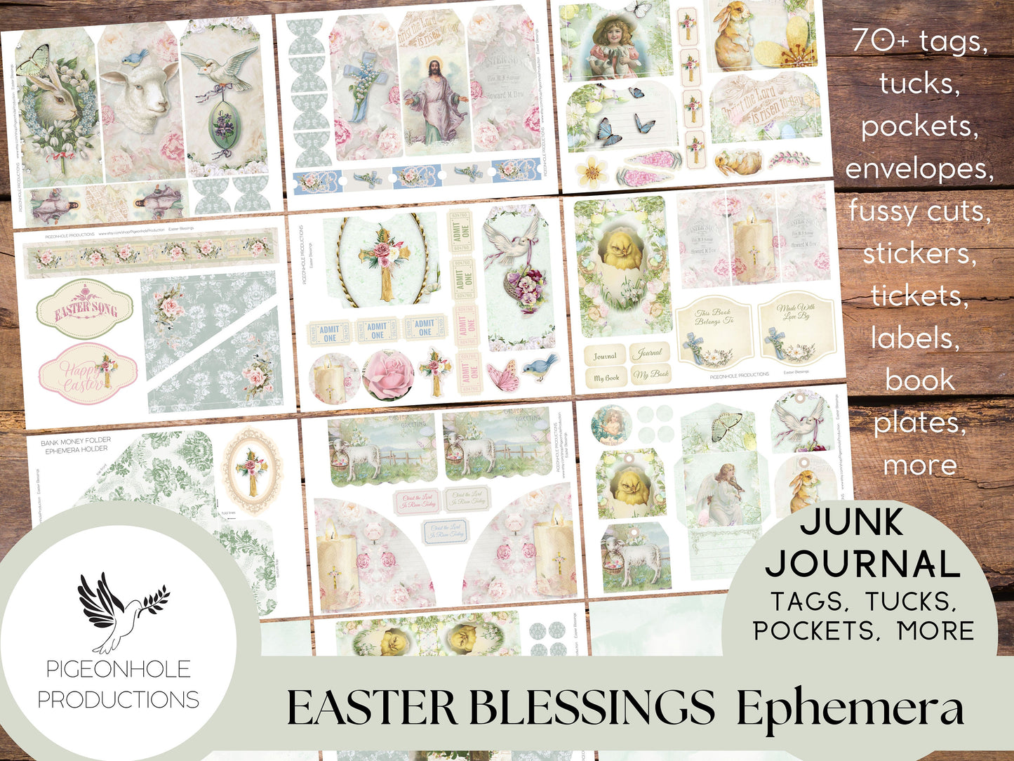 Easter Blessings Junk Journal PRINTABLE—70+ tags, tucks, pockets, envelopes, fussy cuts, stickers, tickets, labels, bookplates—beautiful!!