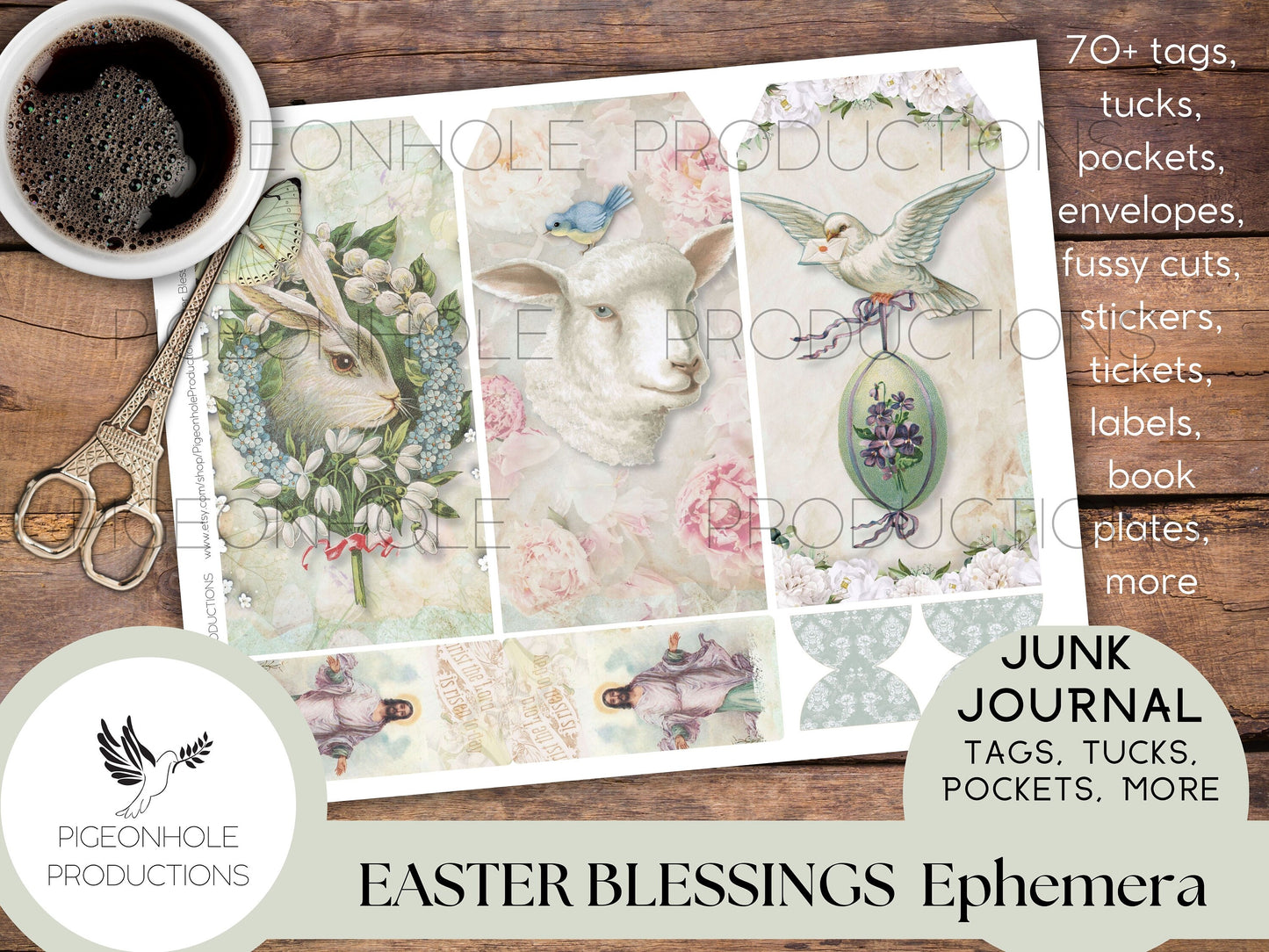 Easter Blessings Junk Journal PRINTABLE—70+ tags, tucks, pockets, envelopes, fussy cuts, stickers, tickets, labels, bookplates—beautiful!!