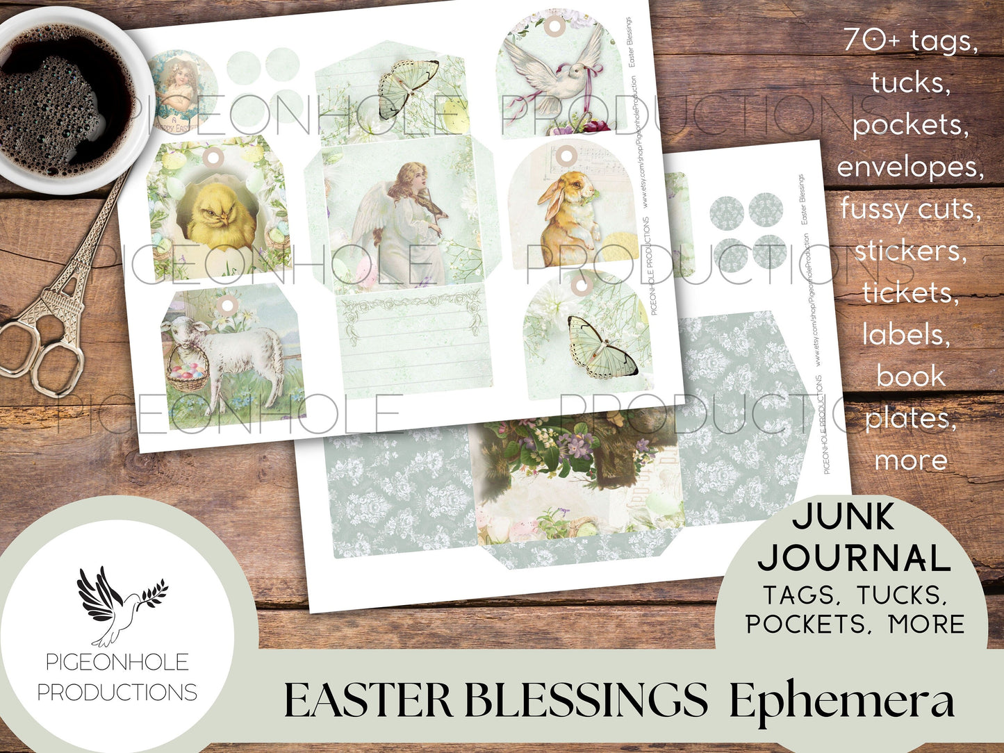 Easter Blessings Junk Journal PRINTABLE—70+ tags, tucks, pockets, envelopes, fussy cuts, stickers, tickets, labels, bookplates—beautiful!!