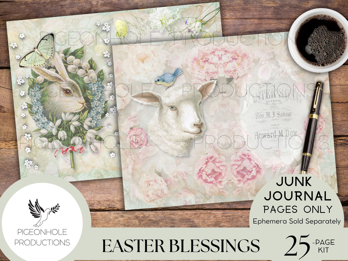 Easter Blessings Junk Journal Kit Pages—PRINTABLE—20 sheets—Beautiful vintage images of Easter, Christ is risen, florals, bunnies in pastels
