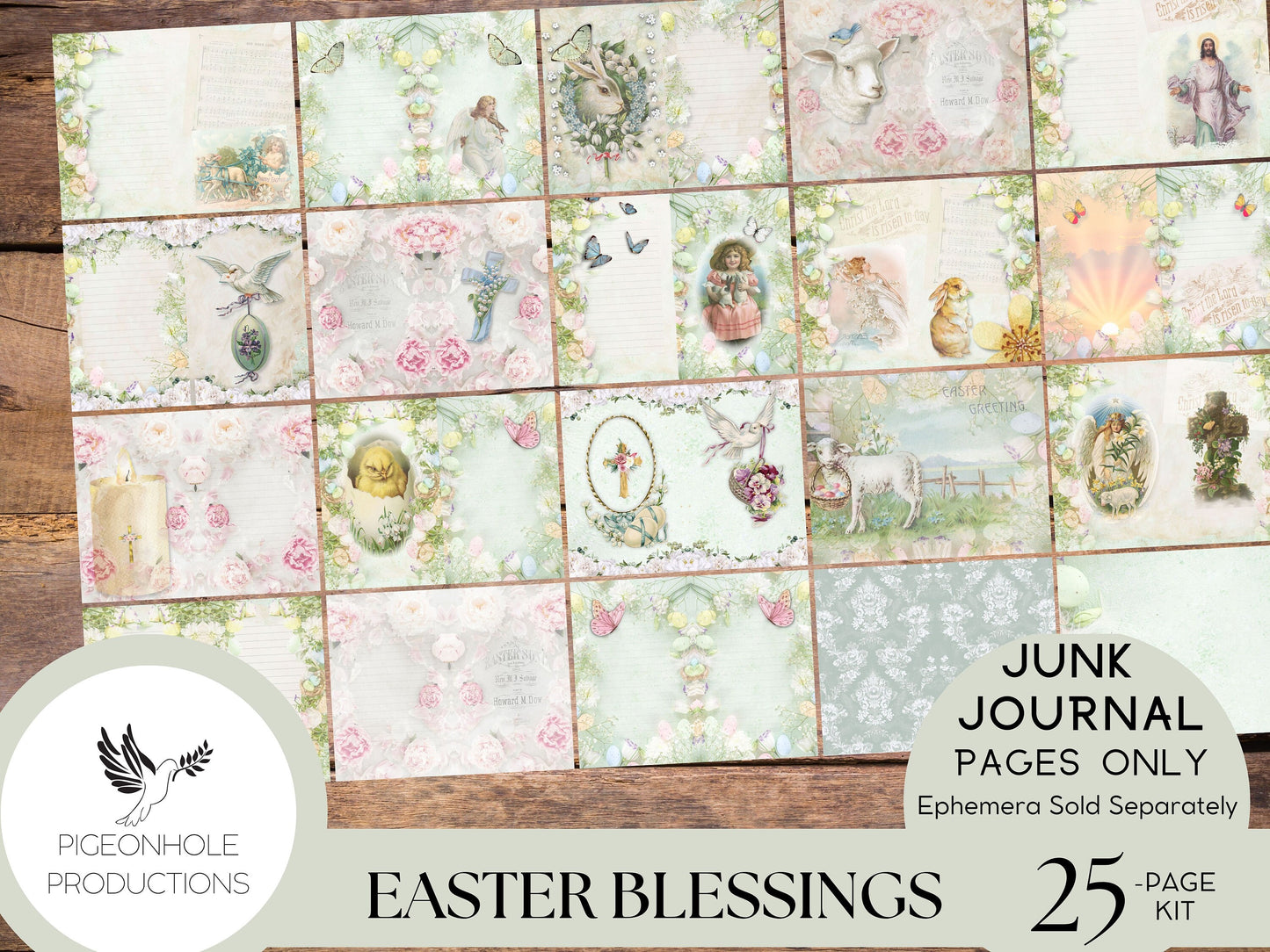 Easter Blessings Junk Journal Kit Pages—PRINTABLE—20 sheets—Beautiful vintage images of Easter, Christ is risen, florals, bunnies in pastels