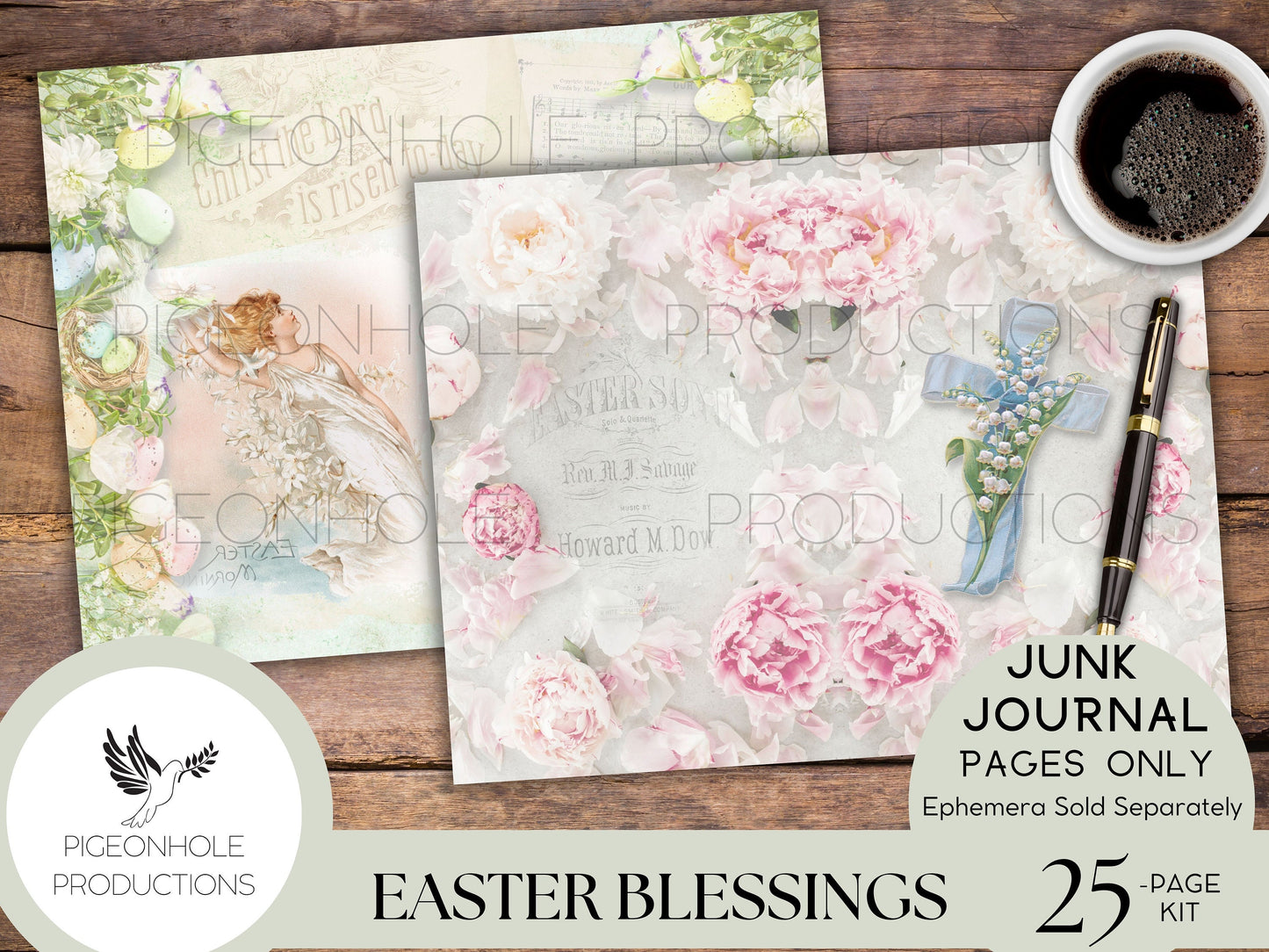 Easter Blessings Junk Journal Kit Pages—PRINTABLE—20 sheets—Beautiful vintage images of Easter, Christ is risen, florals, bunnies in pastels