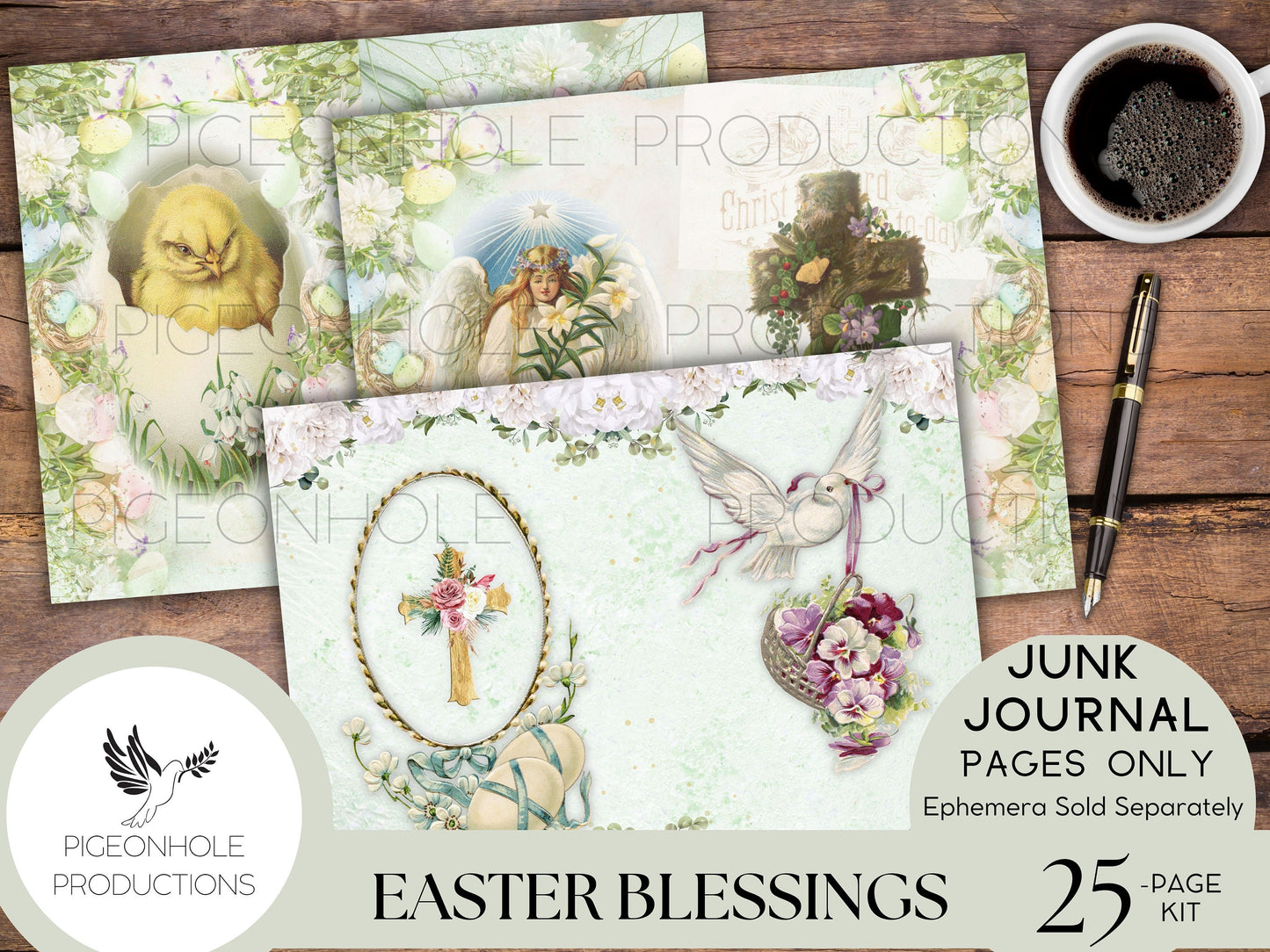 Easter Blessings Junk Journal Kit Pages—PRINTABLE—20 sheets—Beautiful vintage images of Easter, Christ is risen, florals, bunnies in pastels