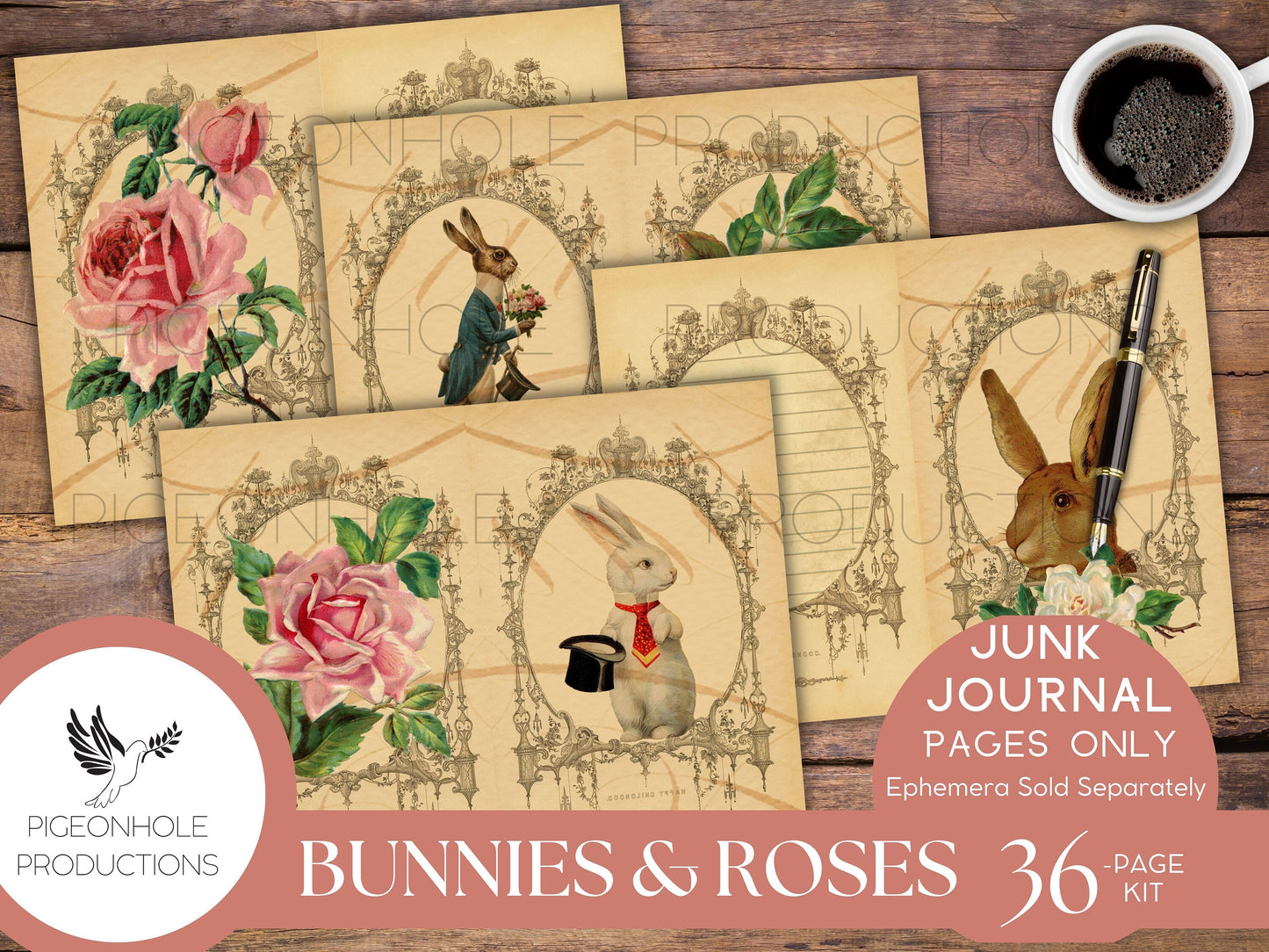 Bunnies & Roses Junk Journal Pages, PRINTABLE, 36 sheets of decorative pages, background papers and lined journal pages—beautiful images!