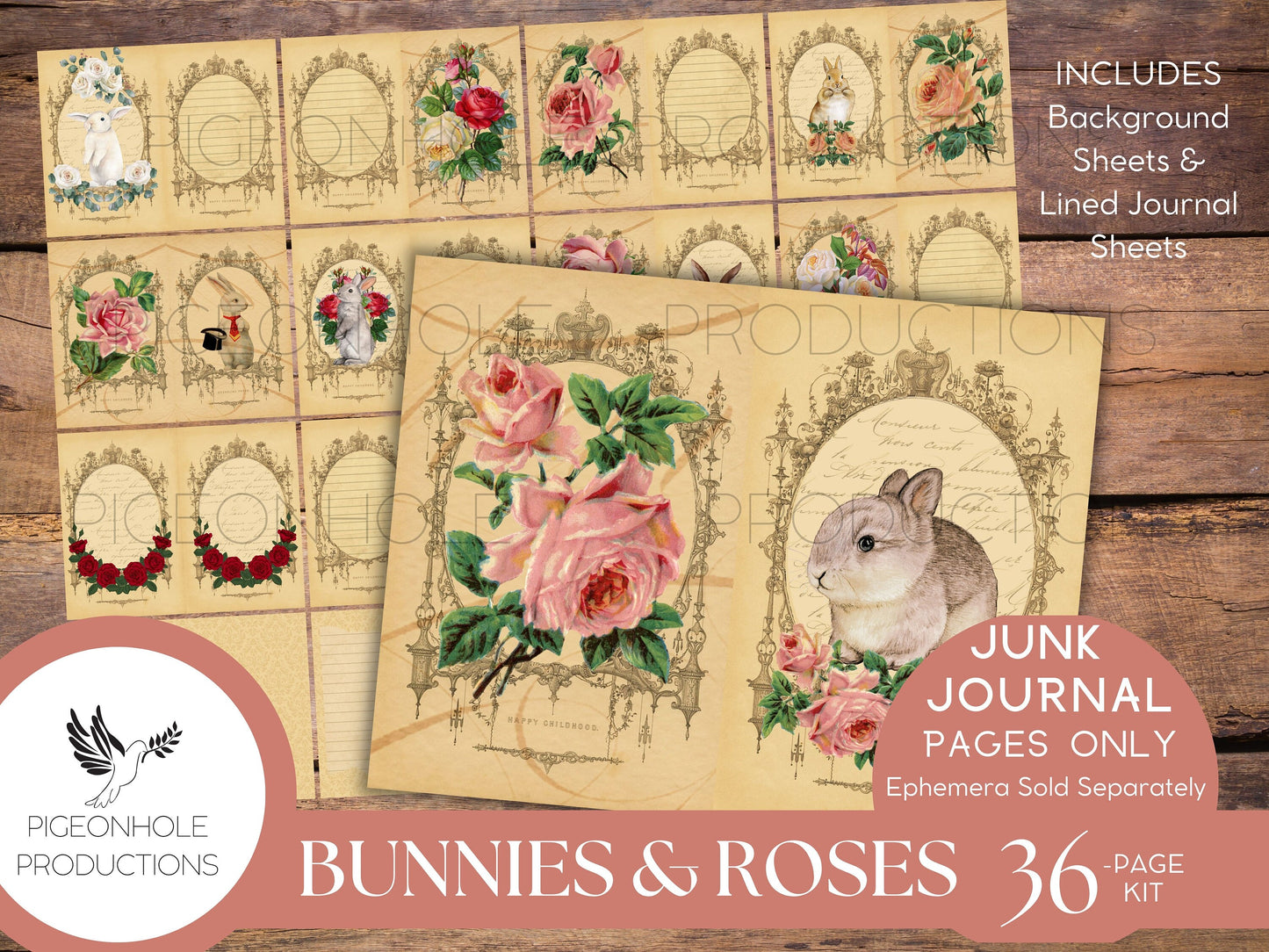 Bunnies & Roses Junk Journal Pages, PRINTABLE, 36 sheets of decorative pages, background papers and lined journal pages—beautiful images!
