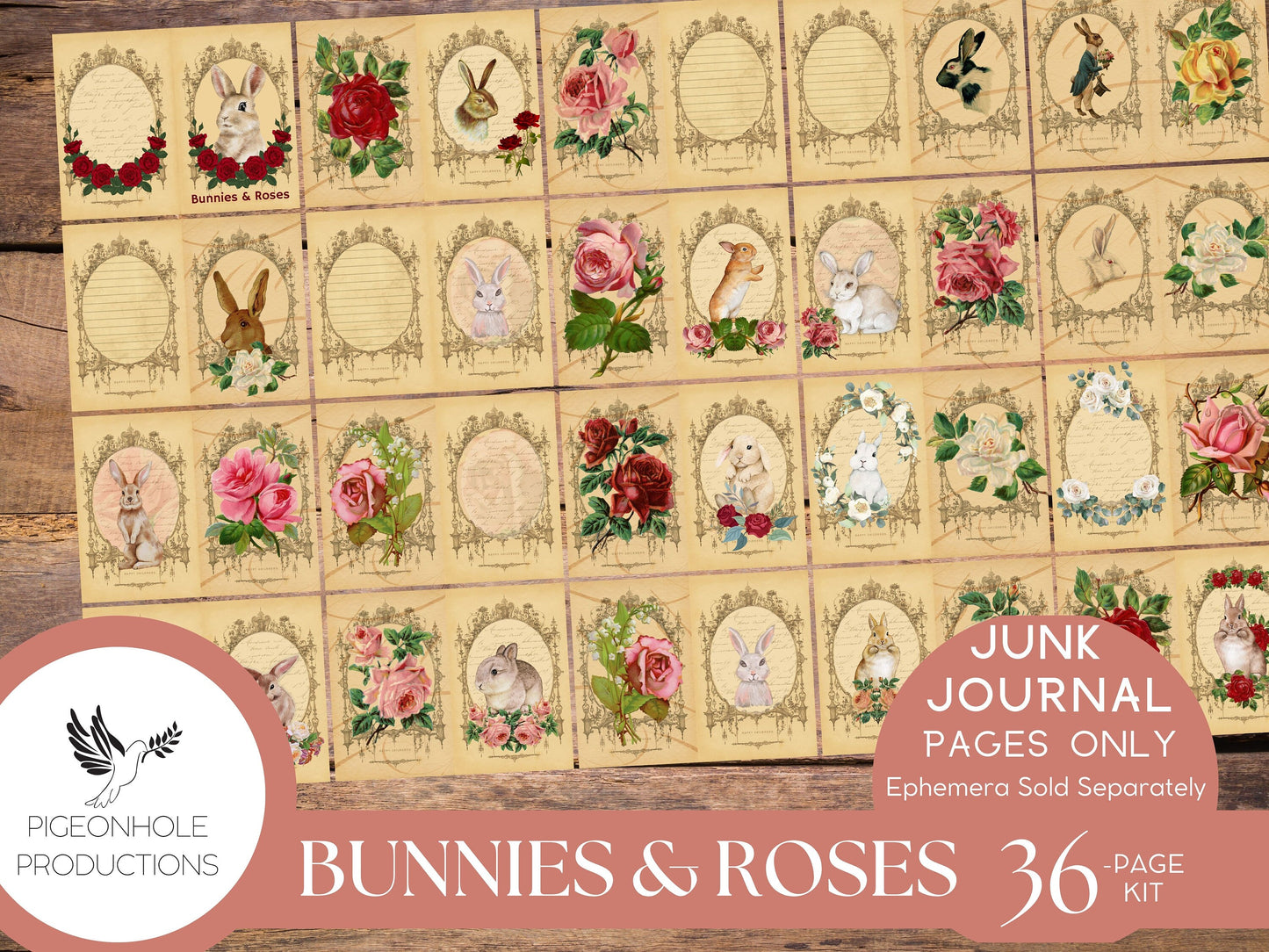 Bunnies & Roses Junk Journal Pages, PRINTABLE, 36 sheets of decorative pages, background papers and lined journal pages—beautiful images!