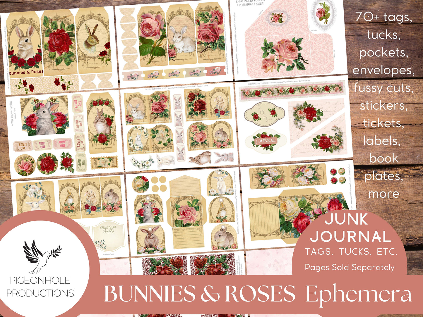 Bunnies & Roses Junk Journal EPHEMERA—PRINTABLE—70+ tags, tucks, pockets, envelopes, fussy cuts, stickers, tickets, labels, bookplates