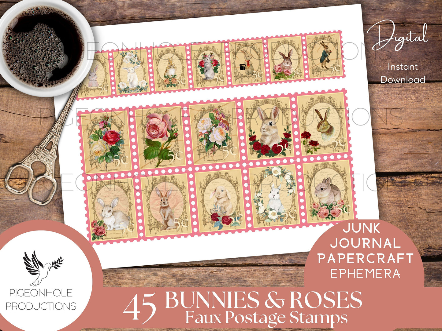 Bunnies & Roses Faux Postage Stamps—PRINTABLE—Use in junk journals, planners, scrapbooking, collage, or print on sticker paper for stickers
