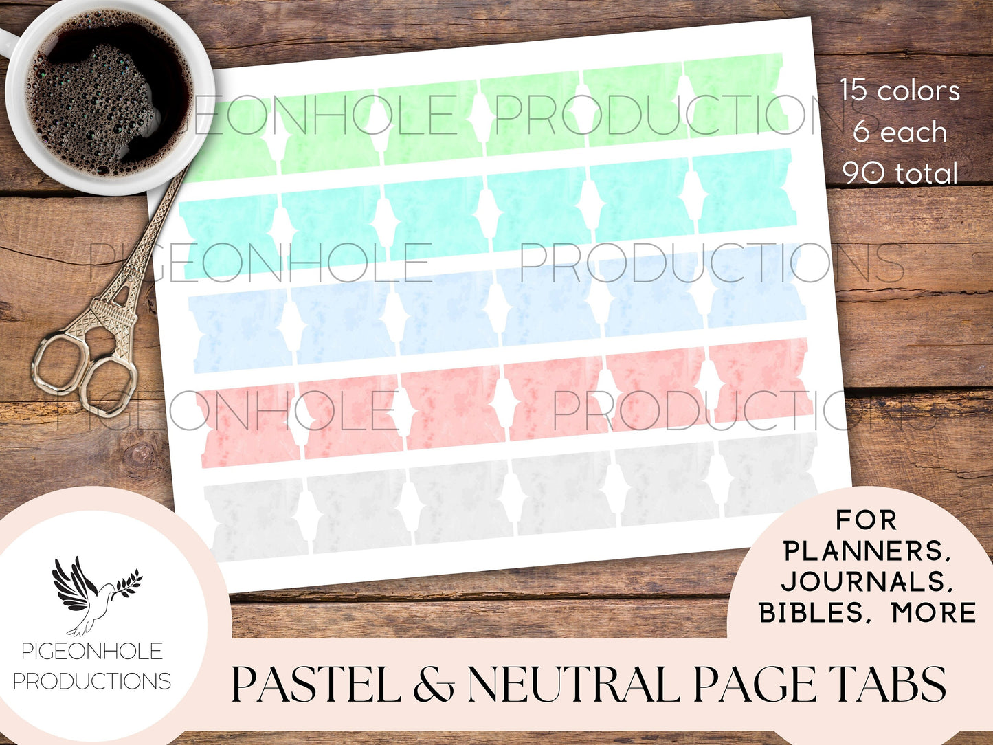 Pastel & Neutral Page Tabs—PRINTABLE—for planners, journals, Bibles, more—15 colors, 6 each, 90 total—pretty for spring, summer, Easter