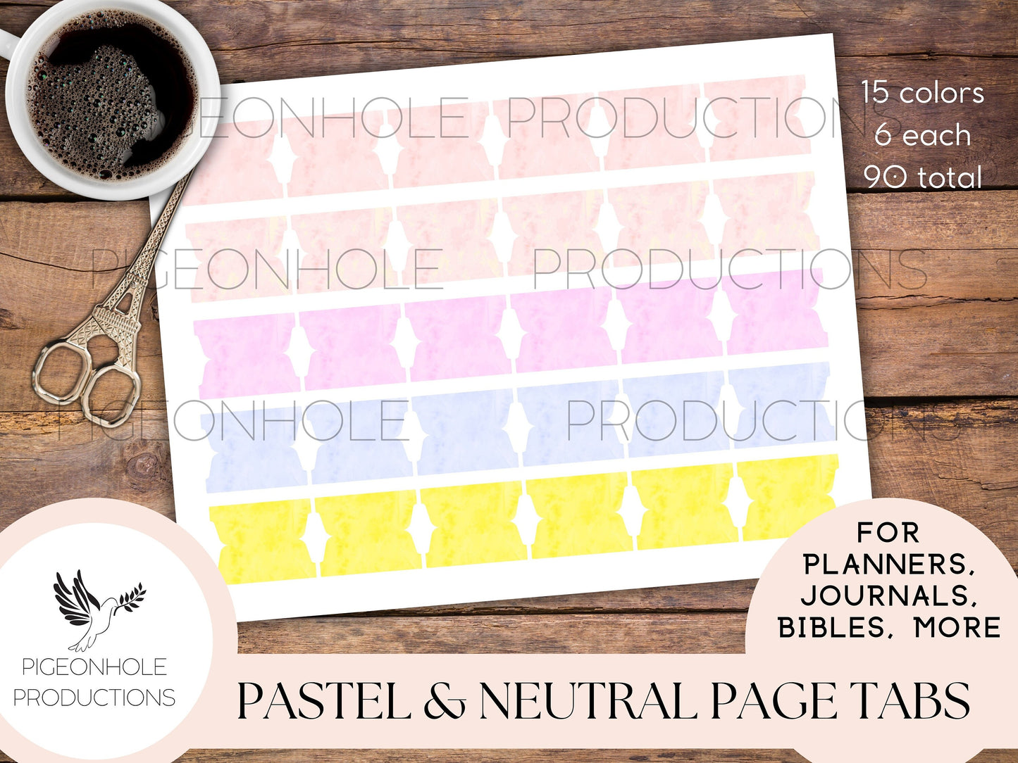 Pastel & Neutral Page Tabs—PRINTABLE—for planners, journals, Bibles, more—15 colors, 6 each, 90 total—pretty for spring, summer, Easter