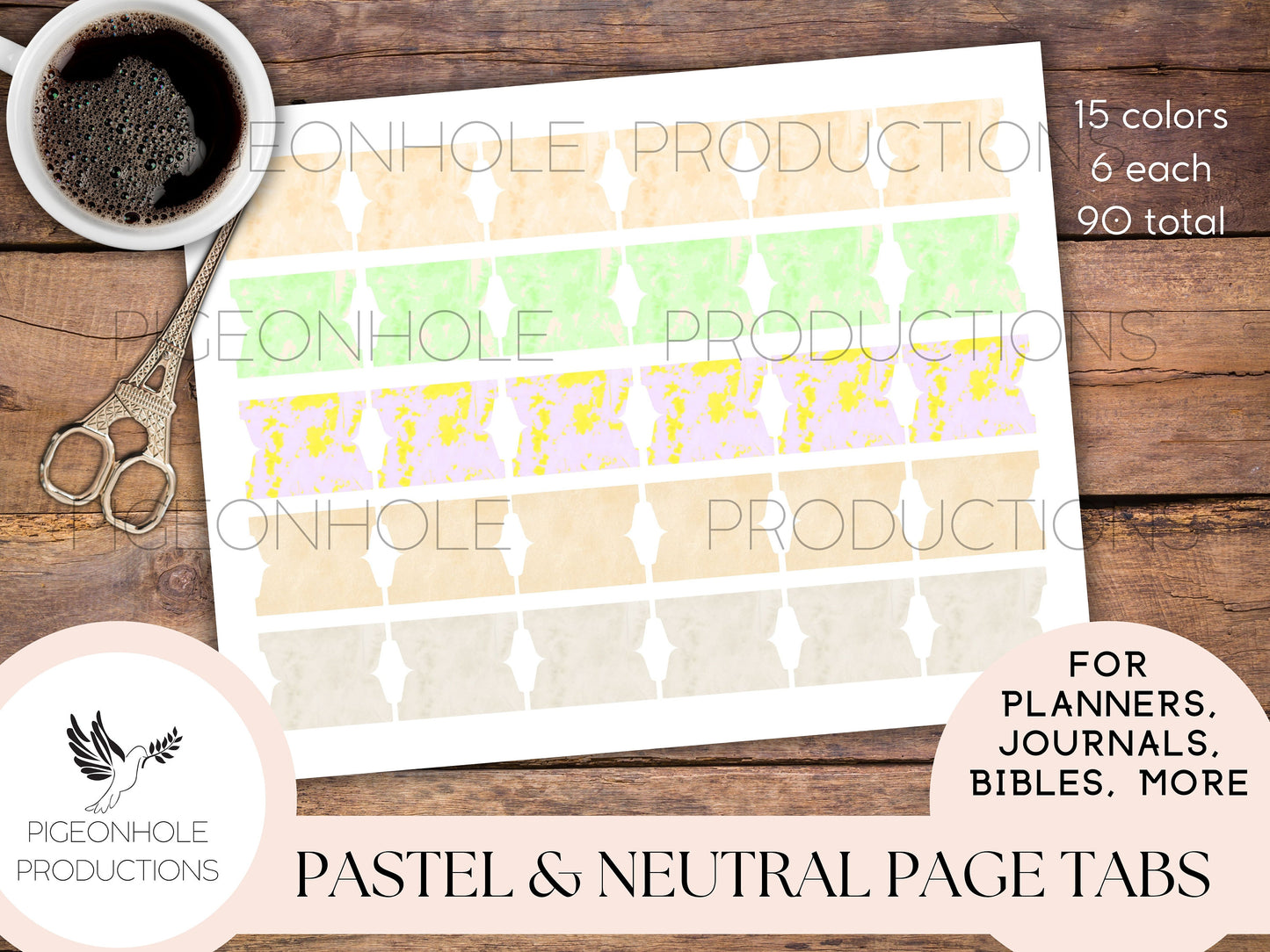 Pastel & Neutral Page Tabs—PRINTABLE—for planners, journals, Bibles, more—15 colors, 6 each, 90 total—pretty for spring, summer, Easter