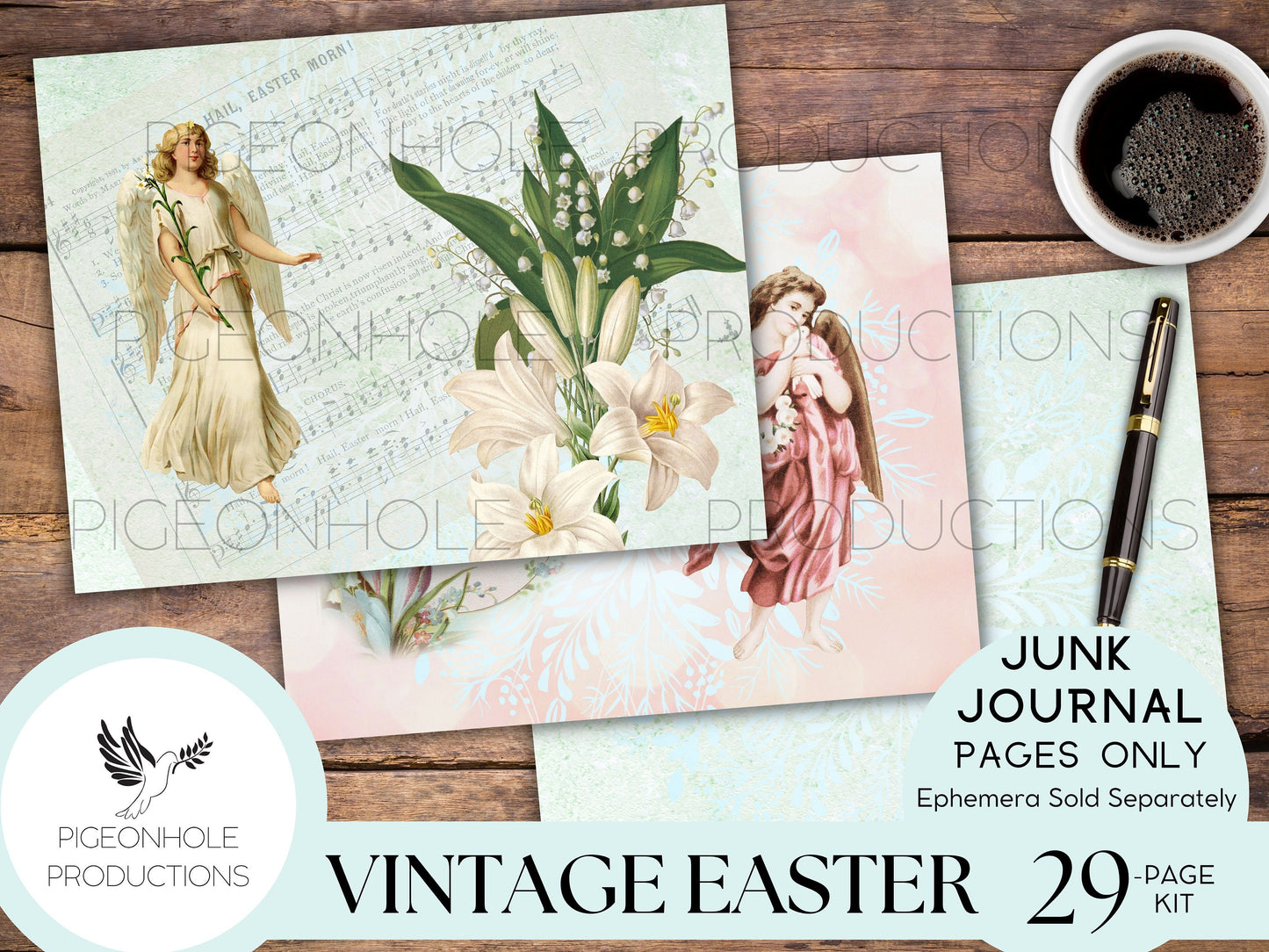 Vintage Easter Junk Journal Kit Pages—PRINTABLE—29 sheets—Beautiful vintage images of Easter, angels, florals, bunnies, chicks in pastels