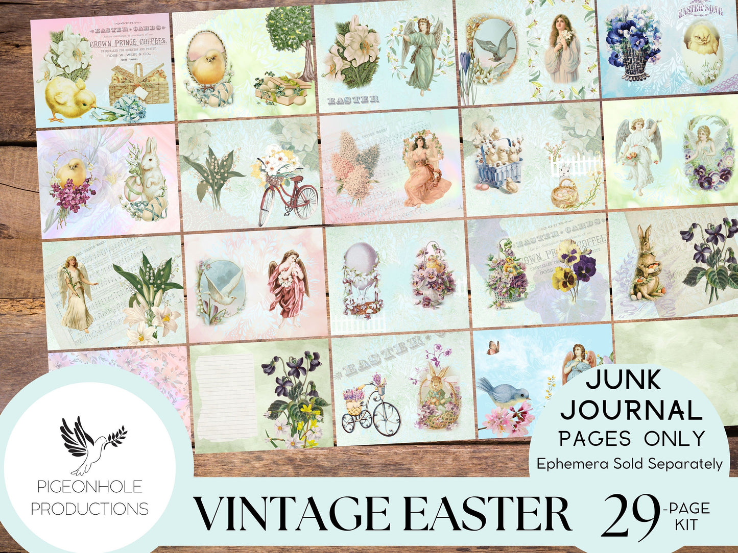 Vintage Easter Junk Journal Kit Pages—PRINTABLE—29 sheets—Beautiful vintage images of Easter, angels, florals, bunnies, chicks in pastels