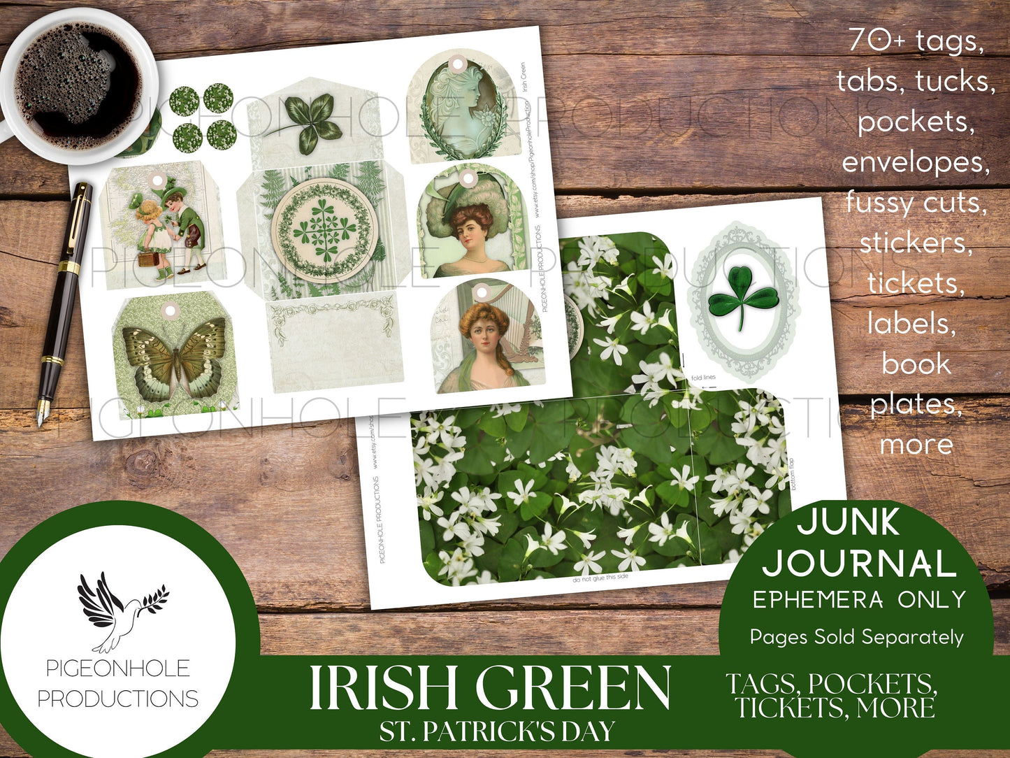 Irish Green St. Patrick's Day Junk Journal EPHEMERA—PRINTABLE—70+ tags, tucks, pockets, envelopes, fussy cuts, stickers, tickets, labels