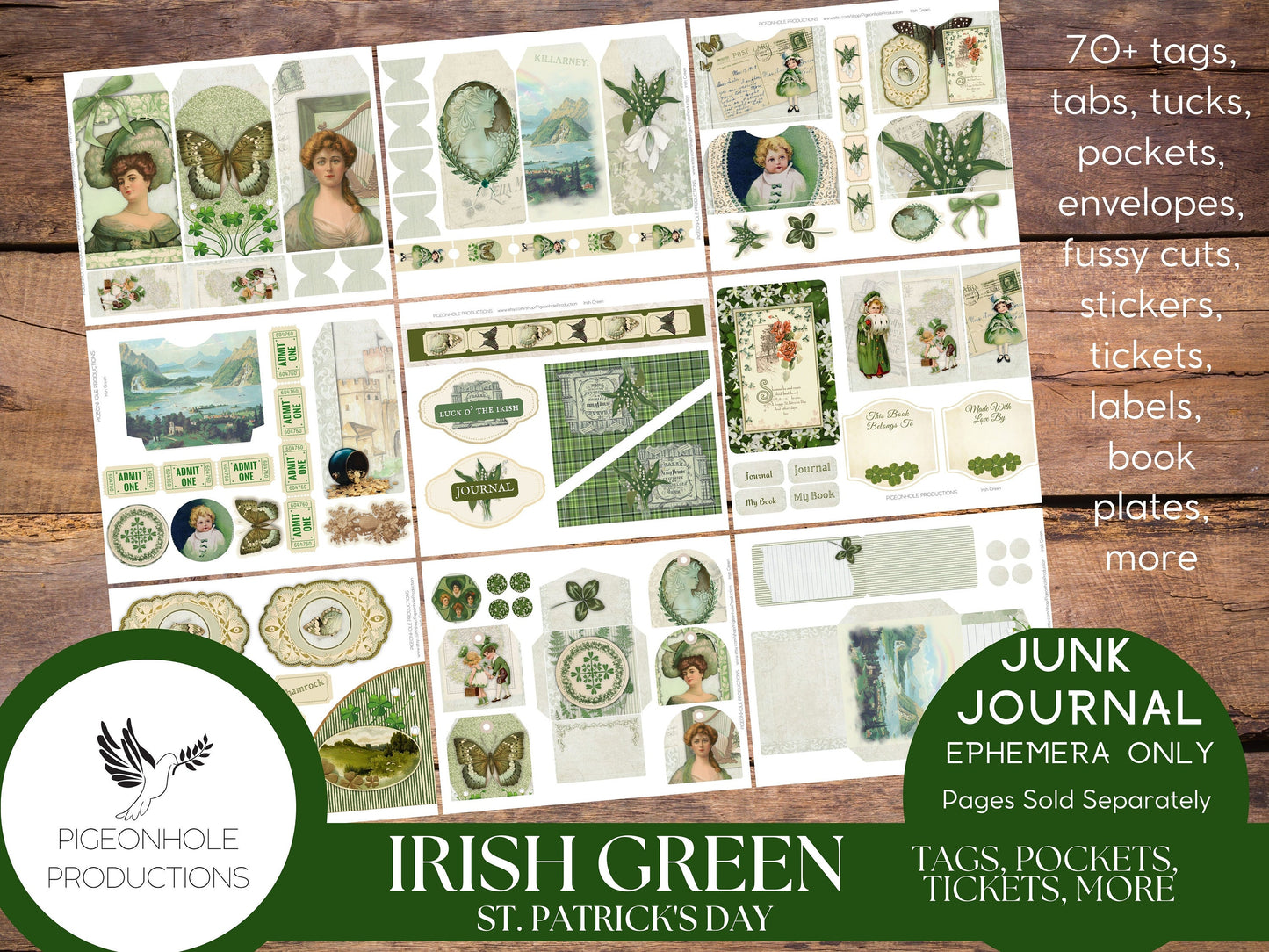 Irish Green St. Patrick's Day Junk Journal EPHEMERA—PRINTABLE—70+ tags, tucks, pockets, envelopes, fussy cuts, stickers, tickets, labels
