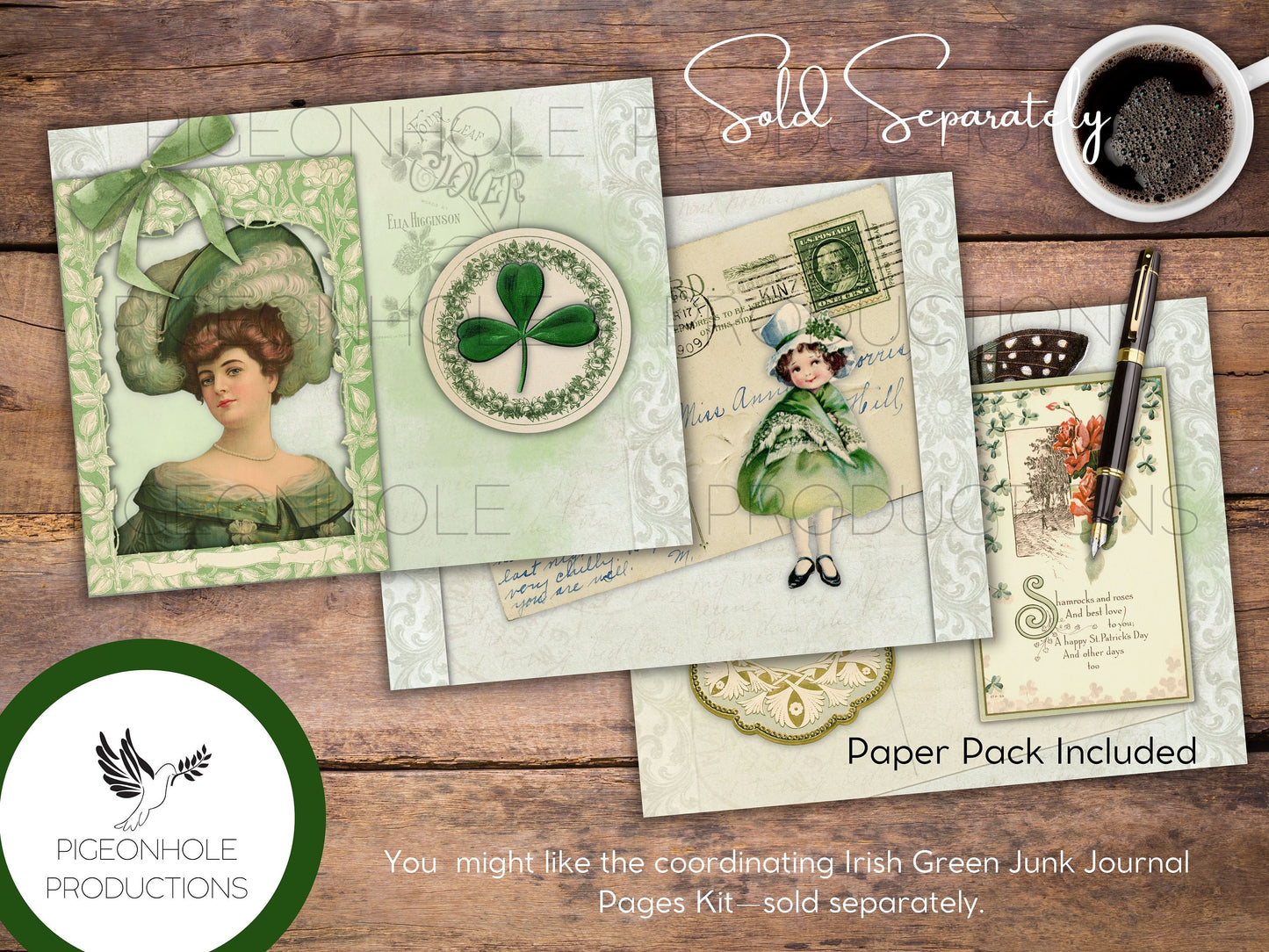 Irish Green Paper Pack—PRINTABLE—great for St. Patrick's Day junk journals and other paper crafts—coordinating pages and ephemera available