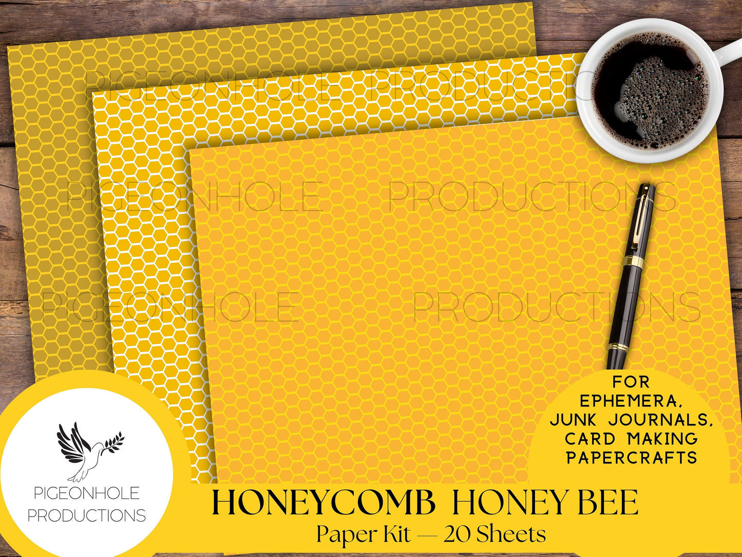 Honeycomb & Honey Bee Paper Kit—PRINTABLE—20 sheets—junk journals, collage, other papercrafts—great for ephemera bases—various gold colors